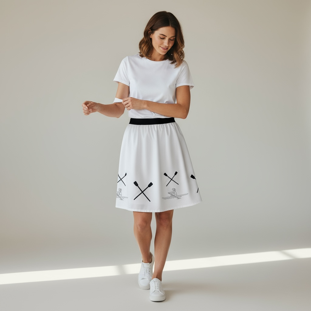 Baltas sijonas, siuvinėtas irklavimo motyvais