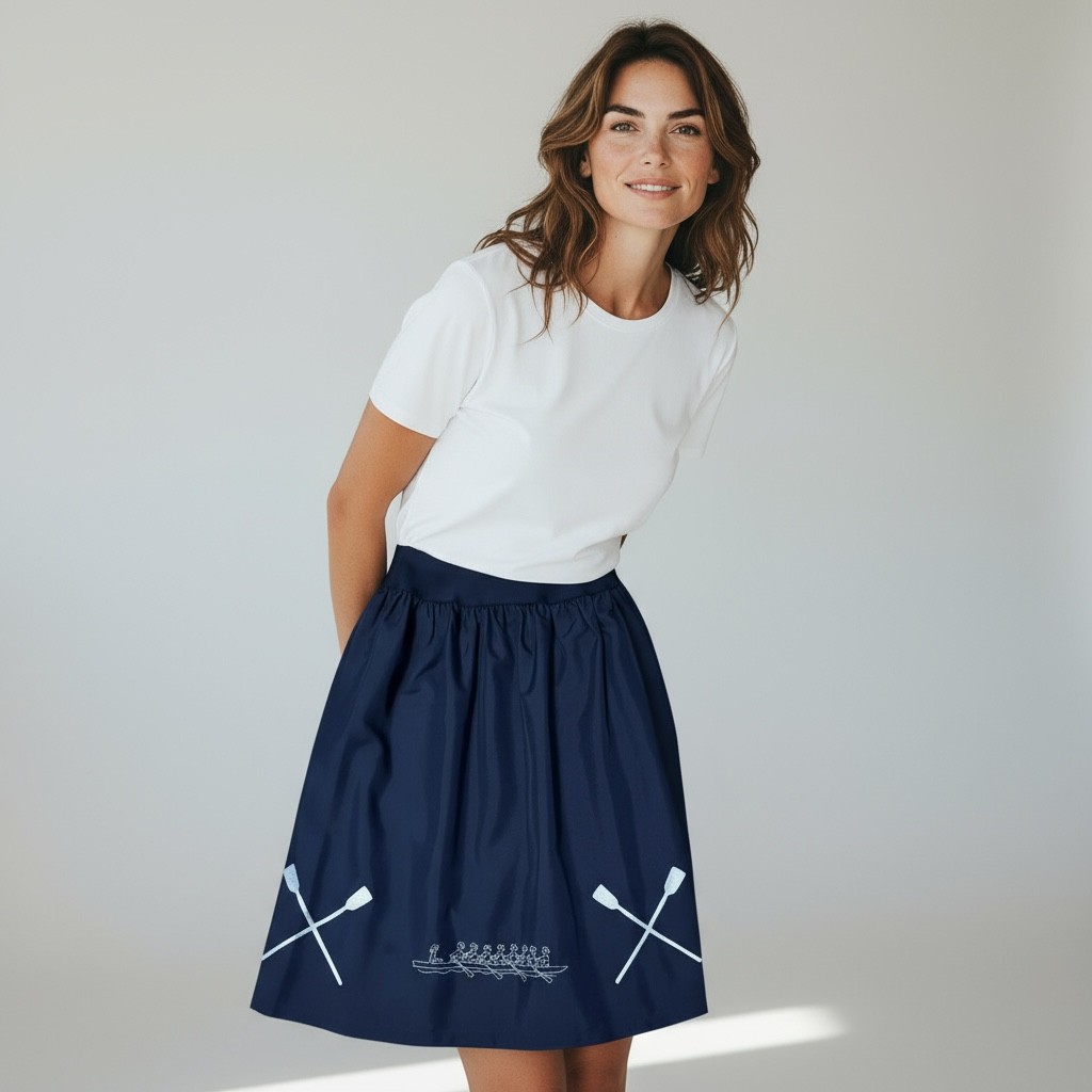 Mėlynas sijonas, siuvinėtas irklavimo motyvais