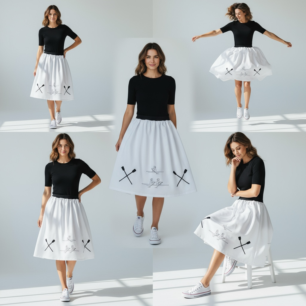 Baltas sijonas, siuvinėtas irklavimo motyvais