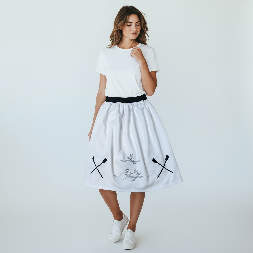 Baltas sijonas, siuvinėtas irklavimo motyvais