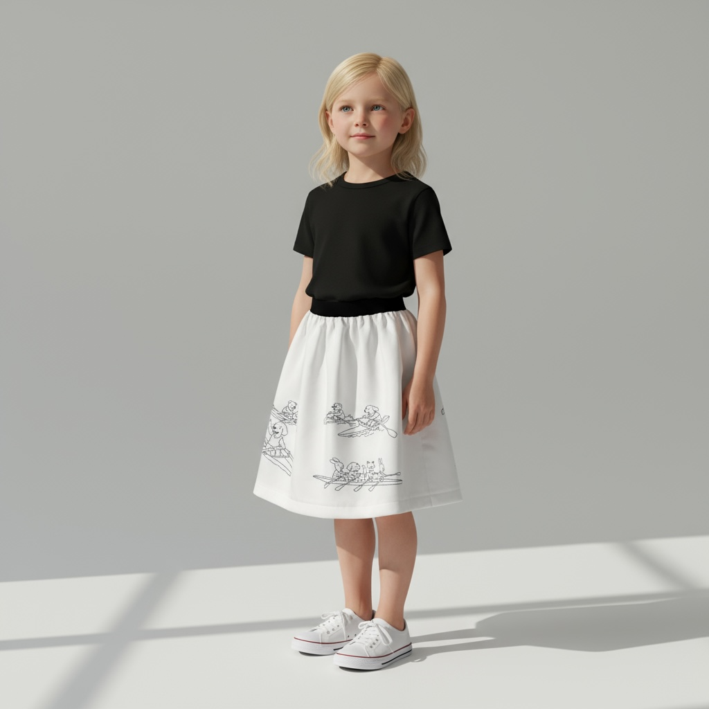 Baltas sijonas megaitei, siuvinėtas šuniukų-irkluotojų nuotykių piešiniais