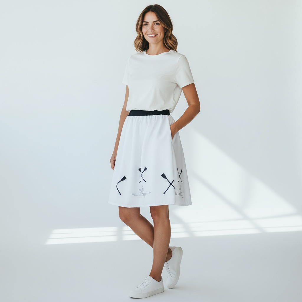 Baltas sijonas, siuvinėtas irklavimo motyvais