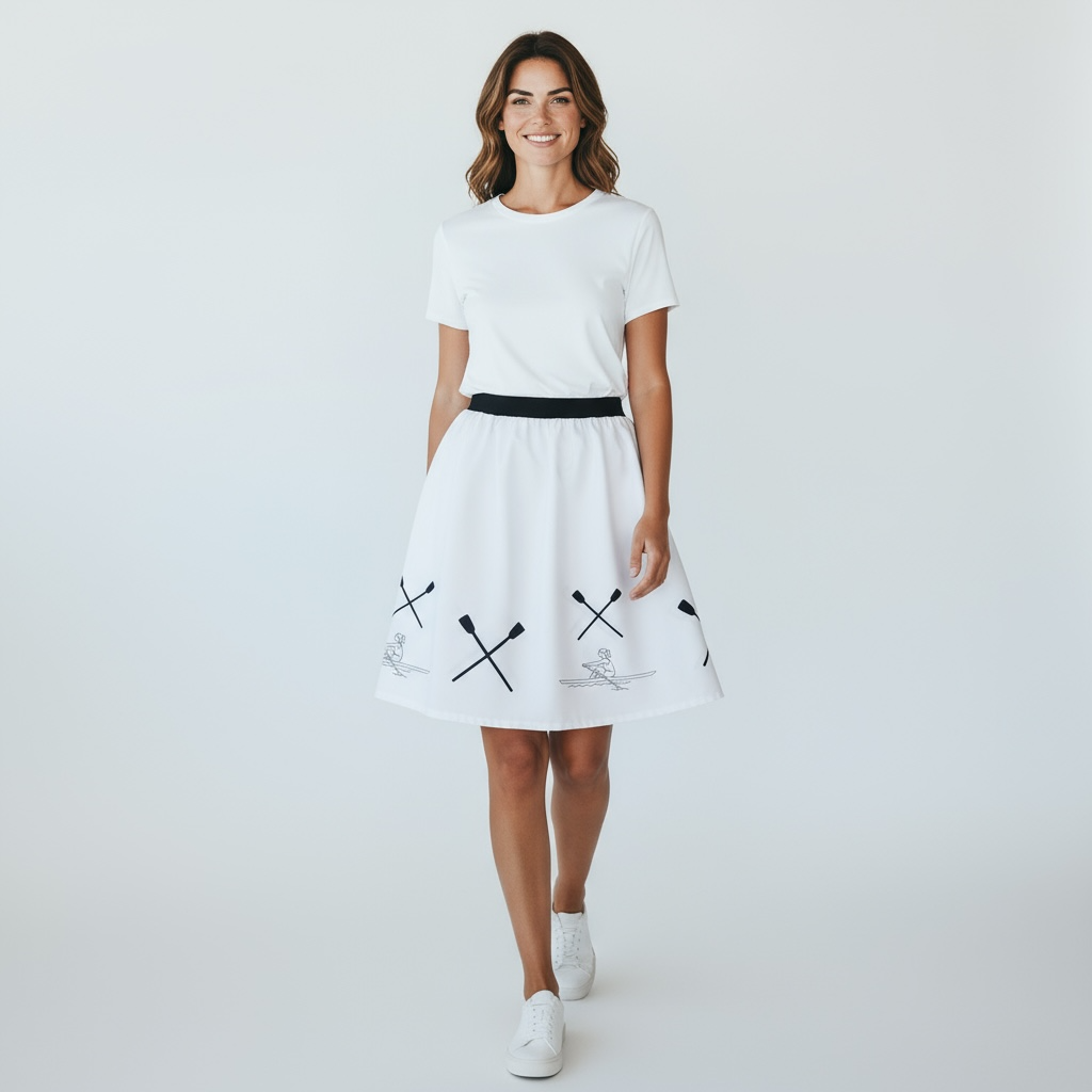 Baltas sijonas, siuvinėtas irklavimo motyvais