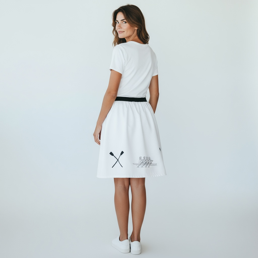 Baltas sijonas, siuvinėtas irklavimo motyvais