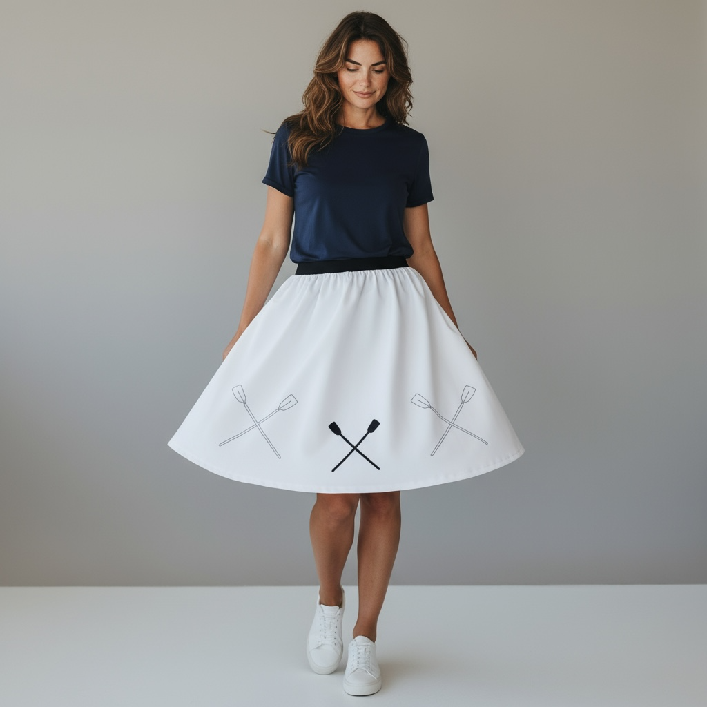 Baltas sijonas, siuvinėtas irklavimo motyvais