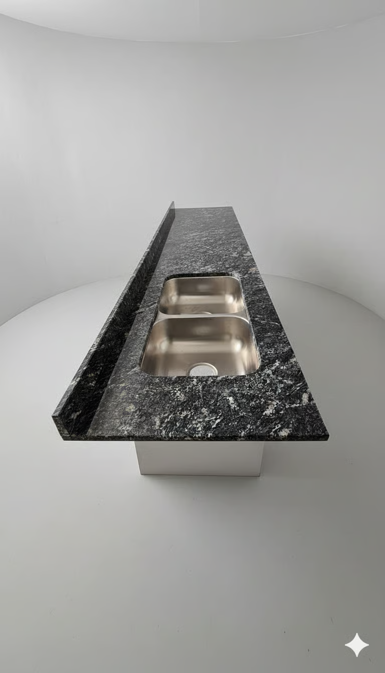 Mesada de granito Negro Boreal c/ bacha doble y zócalo