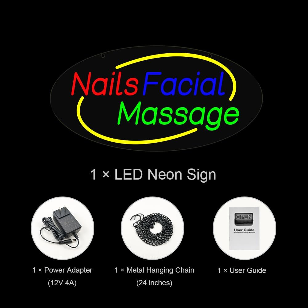 LED Nails Facial Massage Neon Sign, 24"x12"
