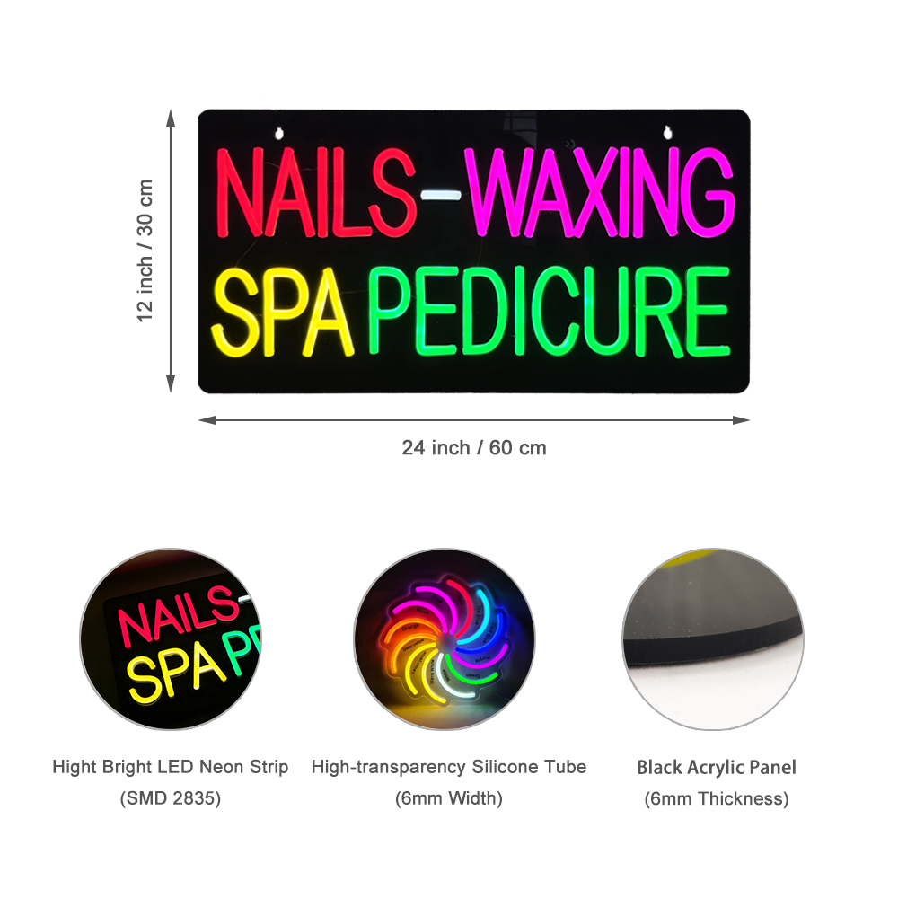Nails Waxing Spa Pedicure LED Neon Signs, 24"x12"