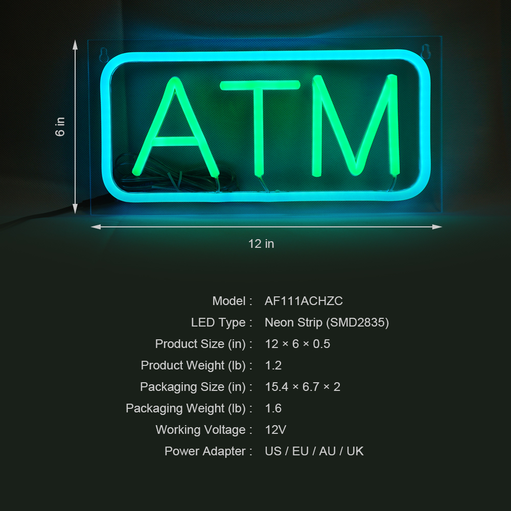 Small Size ATM Neon Sign, 12"×6"