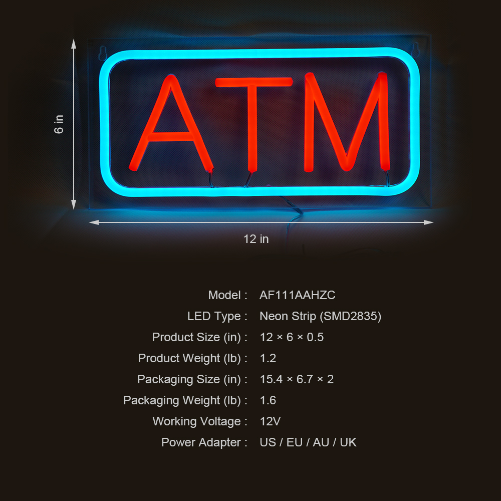 Small Size ATM Neon Sign, 12"×6"