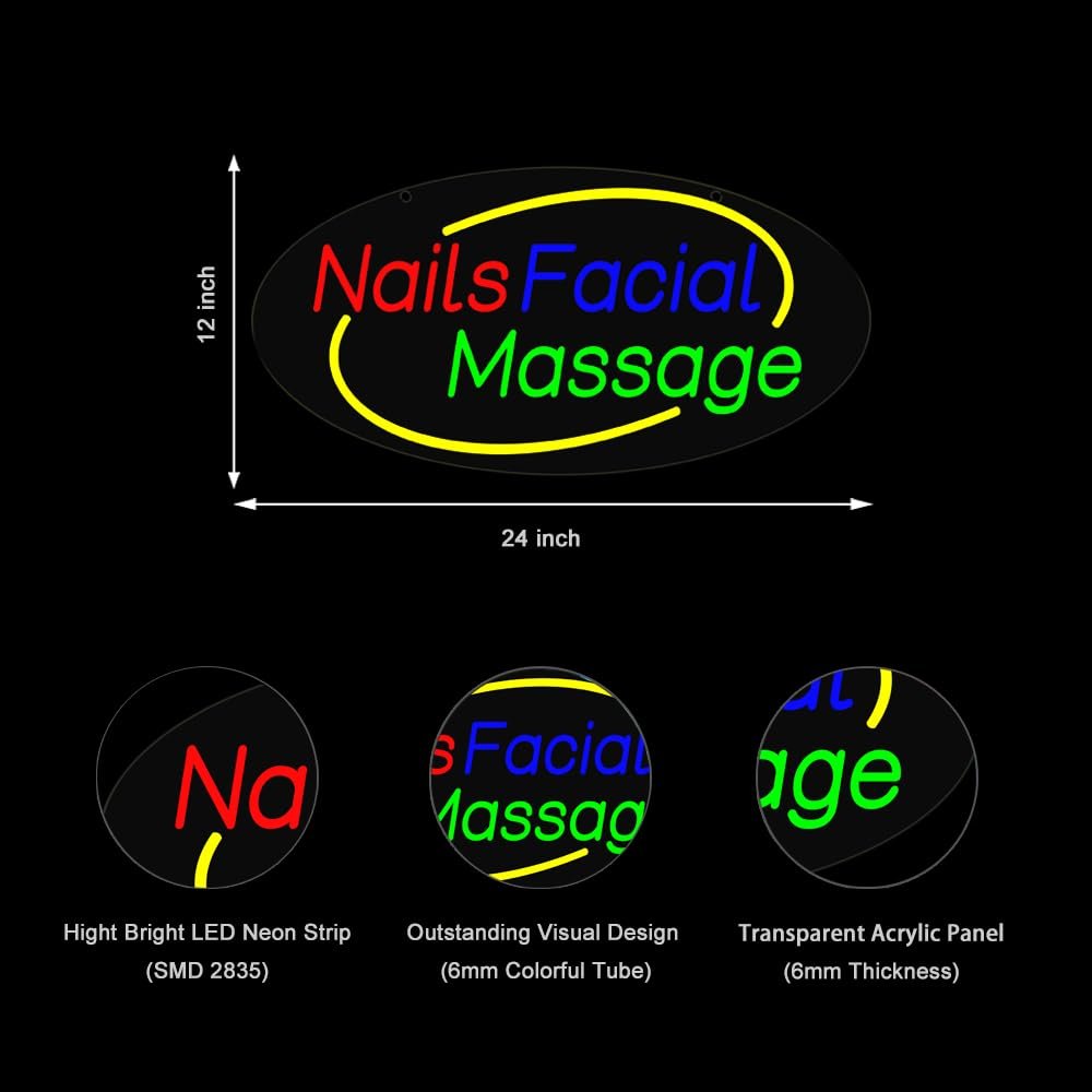 LED Nails Facial Massage Neon Sign, 24"x12"