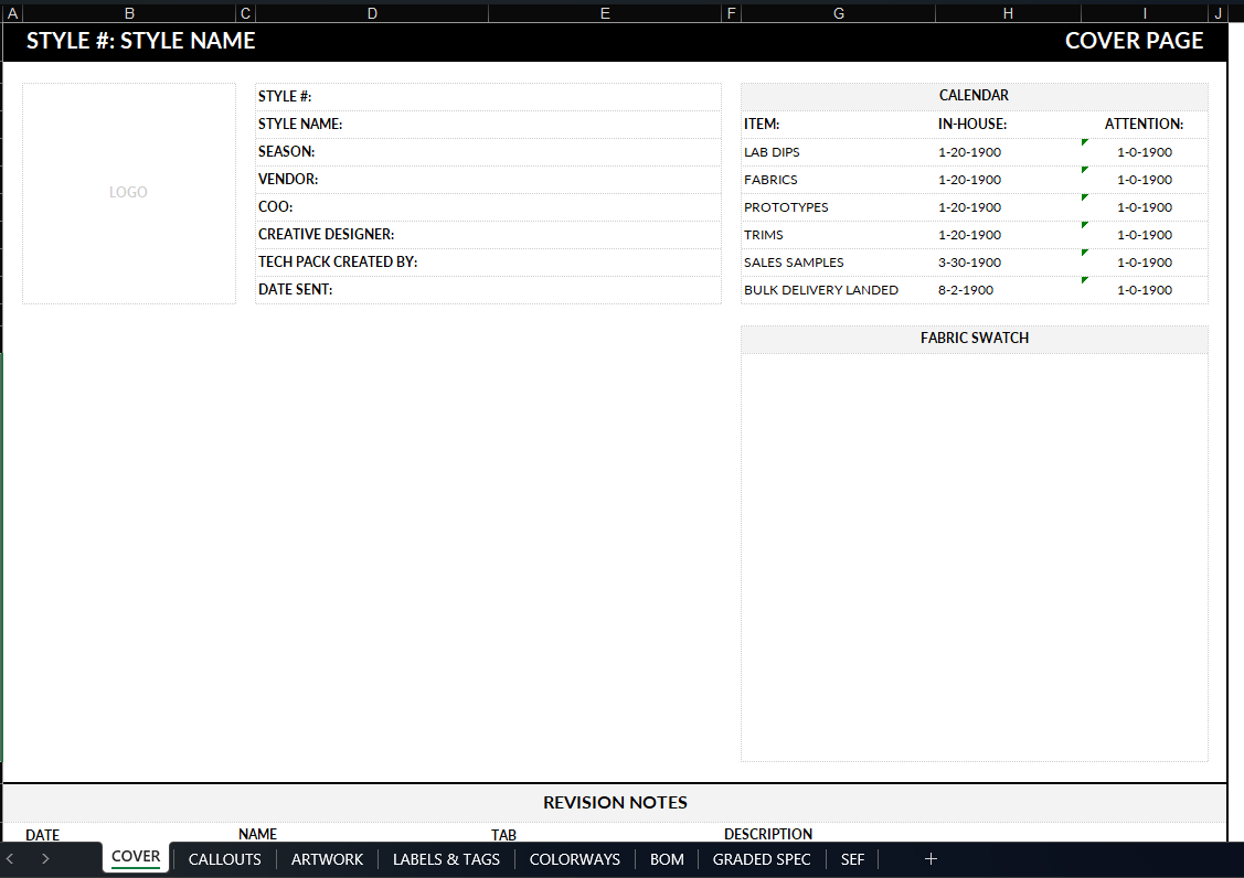 Editable Apparel Techpack Template (Excel + PDF Model)