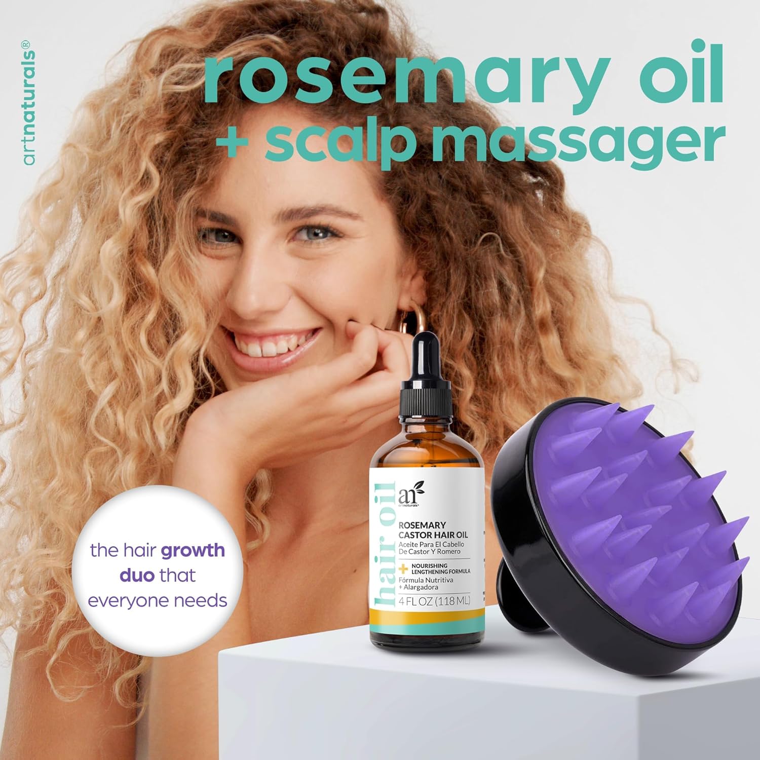 ArtNaturals Organic Rosemary & Castor Hair Growth Oil + Scalp Massager Set
