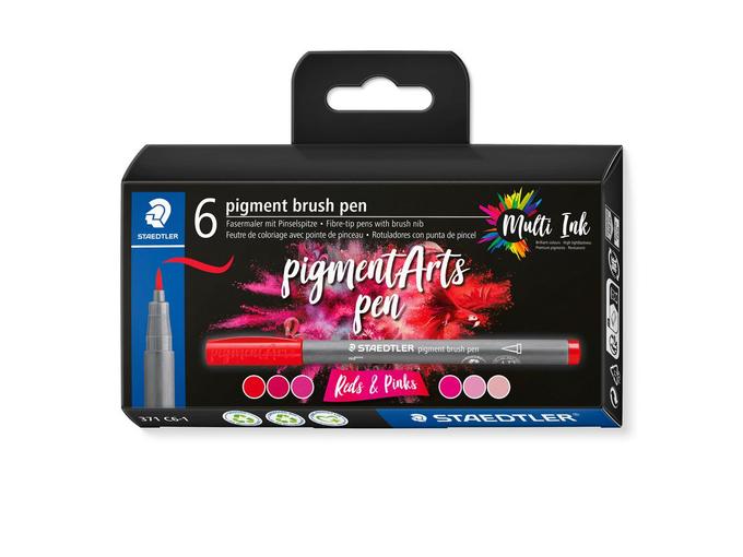 Feutres pigments brush Staedtler - boite de 6 couleurs rouges et roses