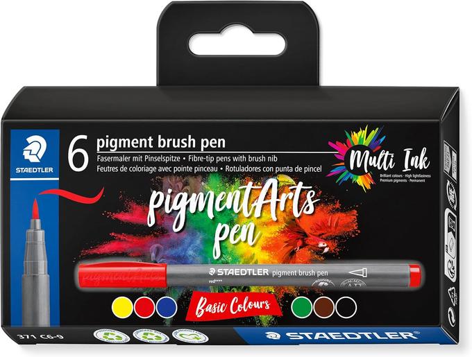 Feutres pigments brush Staedtler - boite de 6 couleurs basic