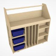 Wooden organizer shelf with blue bins
