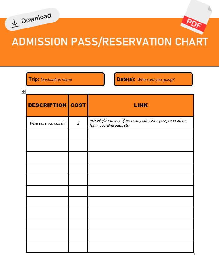 Admission Pass/Reservation Chart - WORD Format