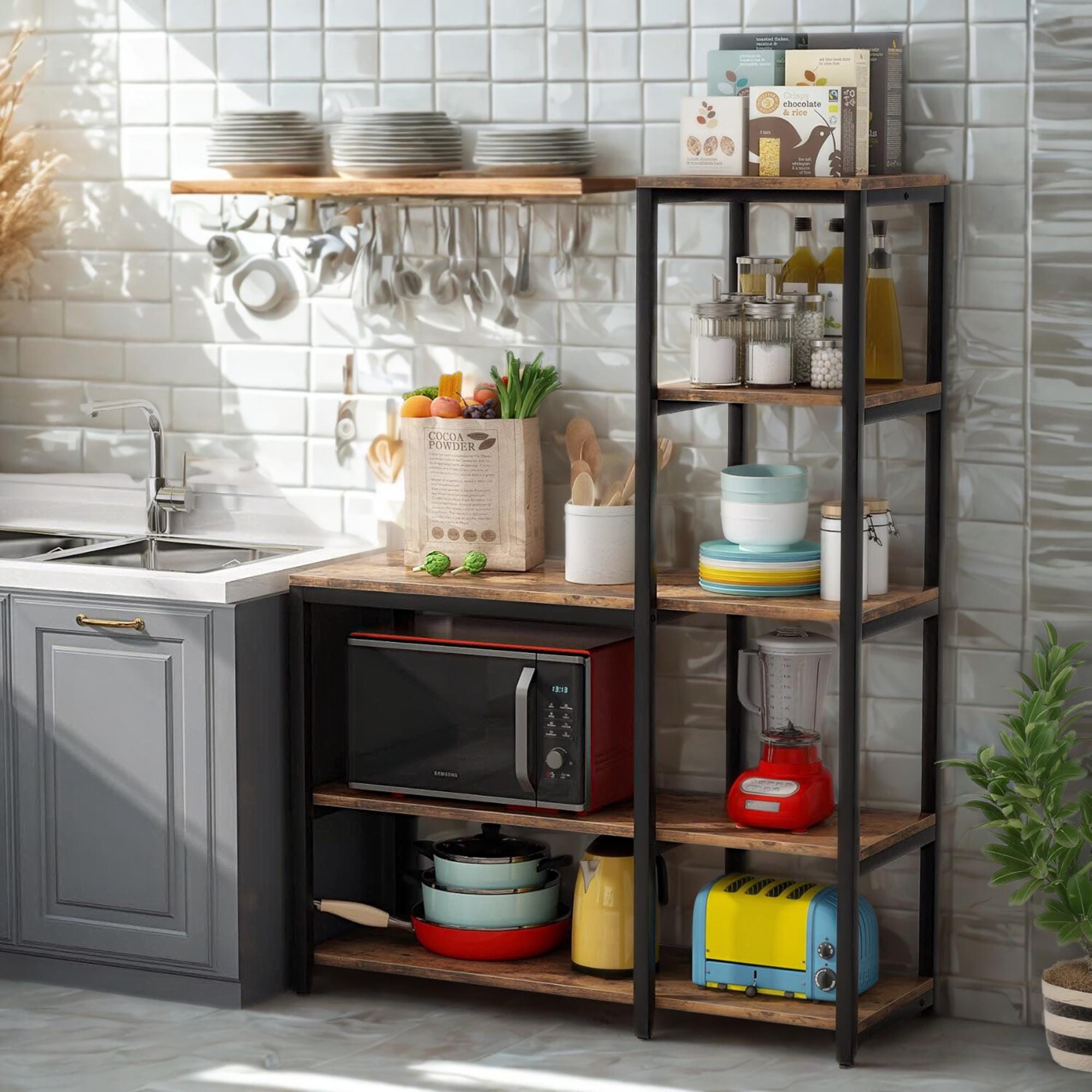 5-Tier Rustic Industrial Bakers Rack: Kitchen Microwave Oven Stand