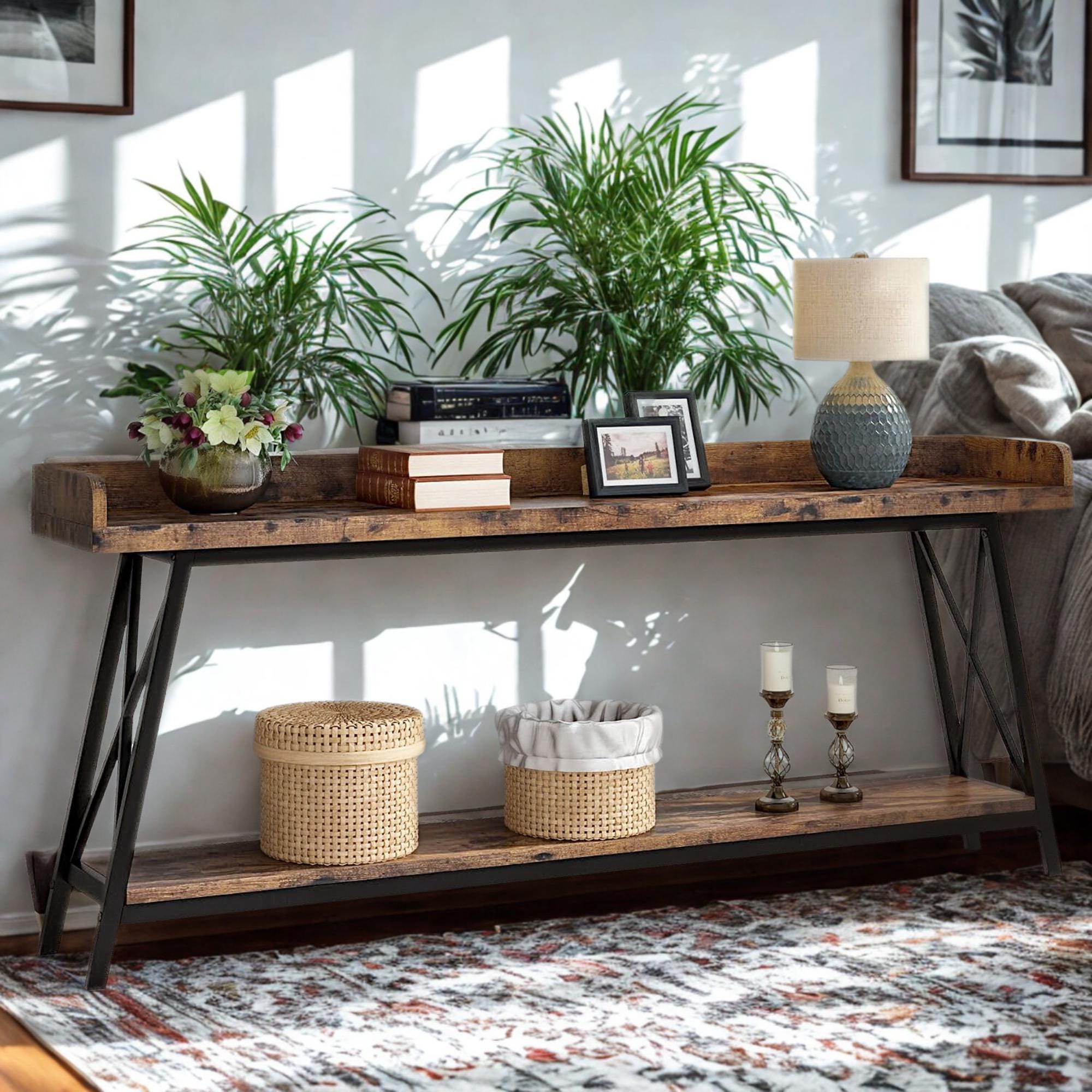 Rustic Industrial Console Table: Extra Long Sofa Table with Metal Frame
