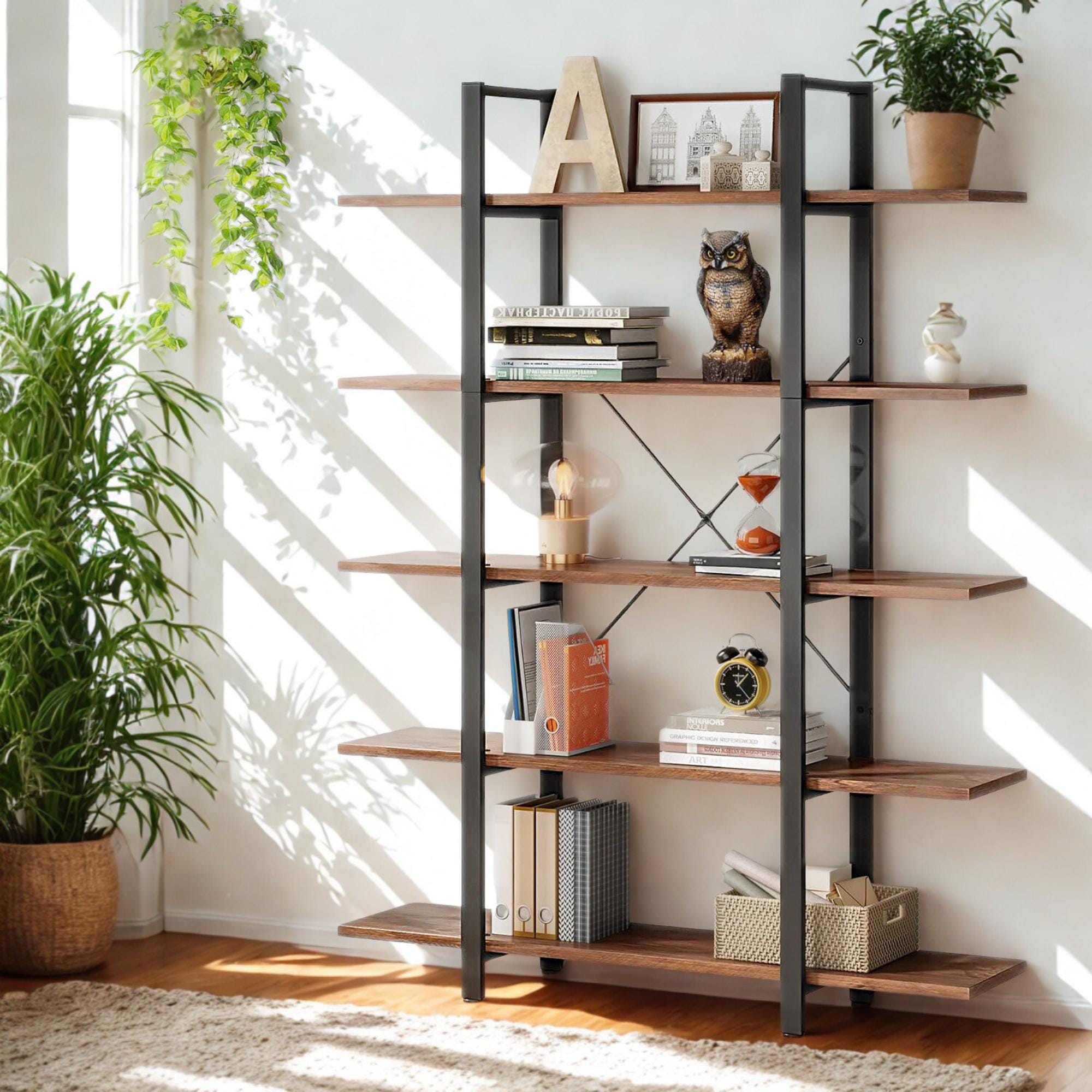 5-Tier Industrial Bookshelf: 72-Inch Rustic Wood & Metal Bookcase