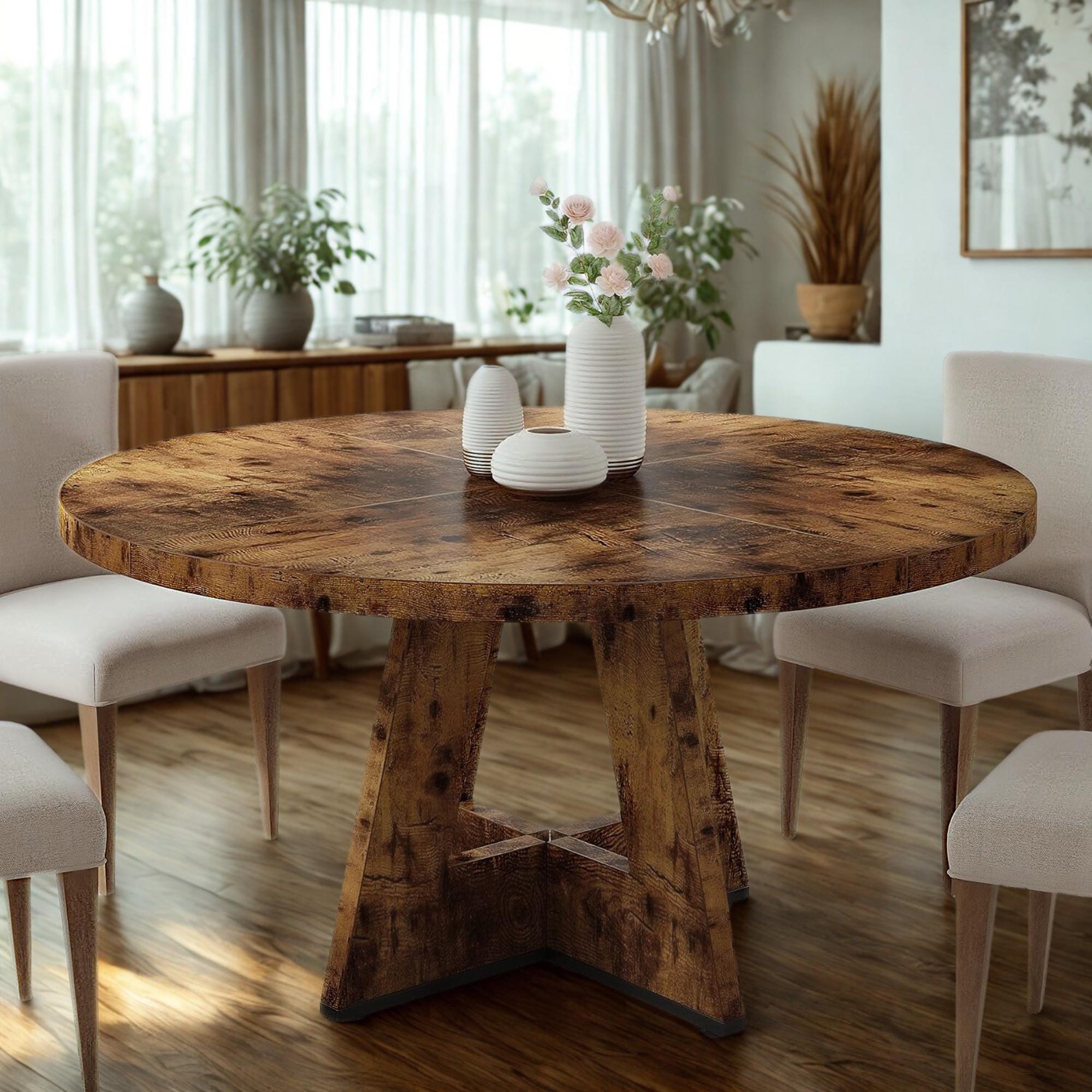 47″ Round Wood Farmhouse Dining Table, Wooden Circle Kitchen Table, Round Wooden Dining Table | Farmhouse Style & Dining Room Table for 4-6