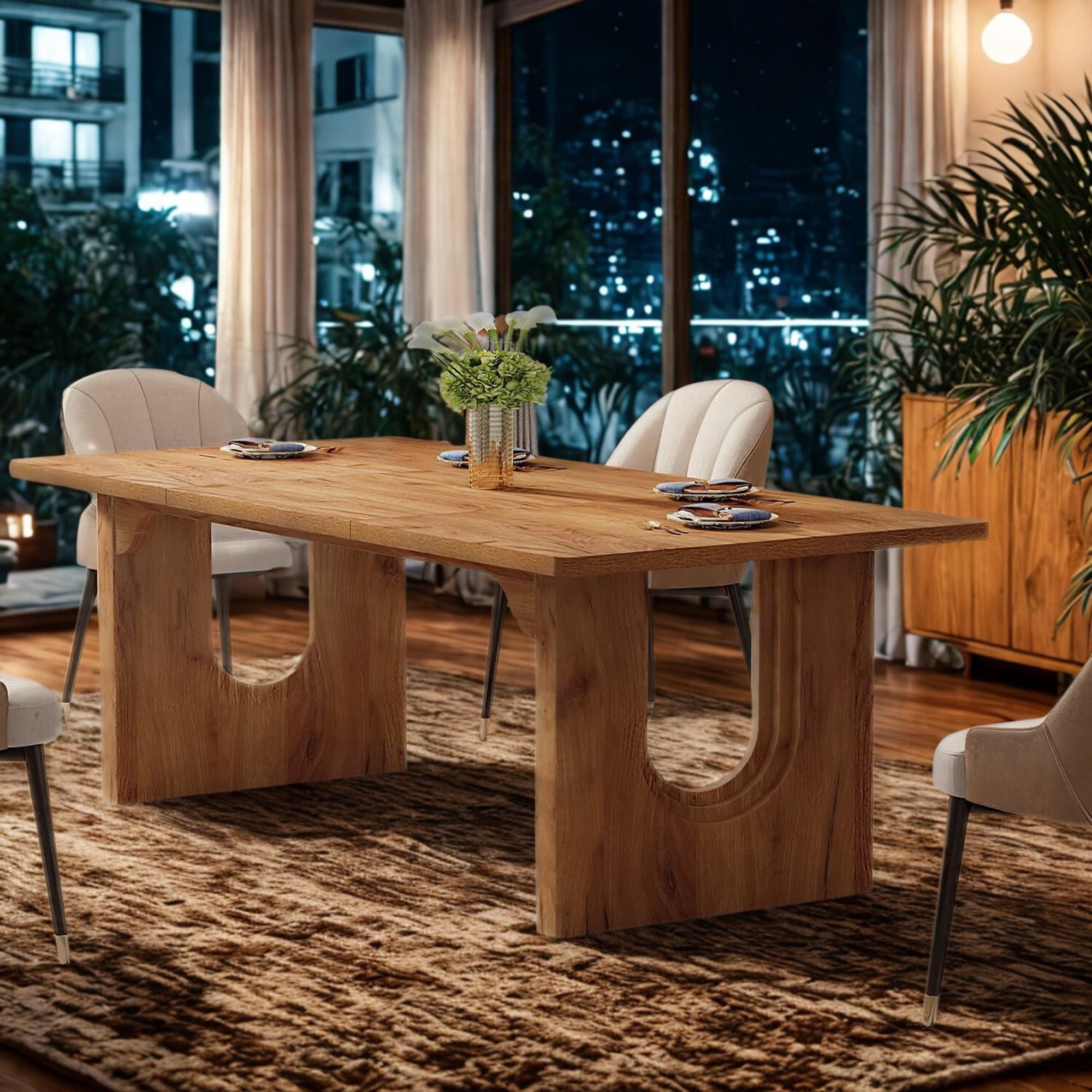 71" Modern Dining Table: Wood Pedestal Base, Seats 6-8