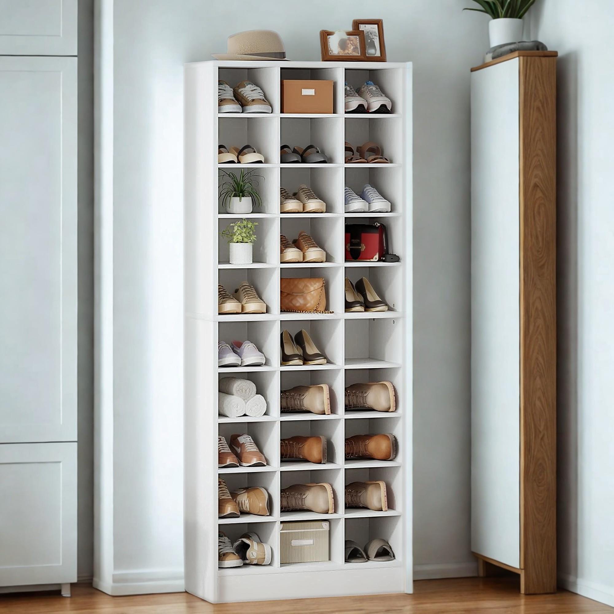 Tall Wooden 30-Pair Shoe Cabinet: Freestanding Entryway Organizer