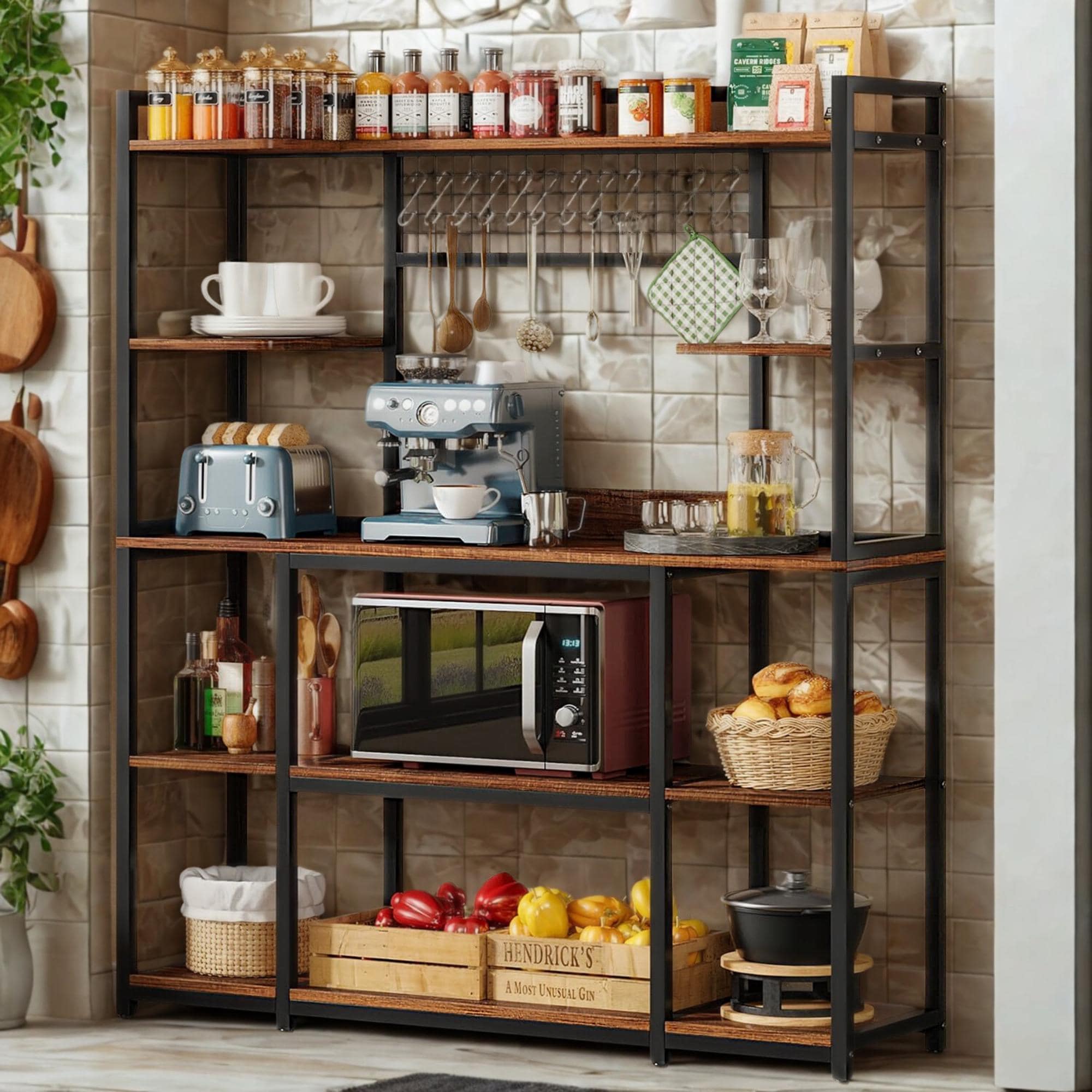 Rustic Industrial Baker's Rack with Hutch: 5-Tier Kitchen Storage Shelf