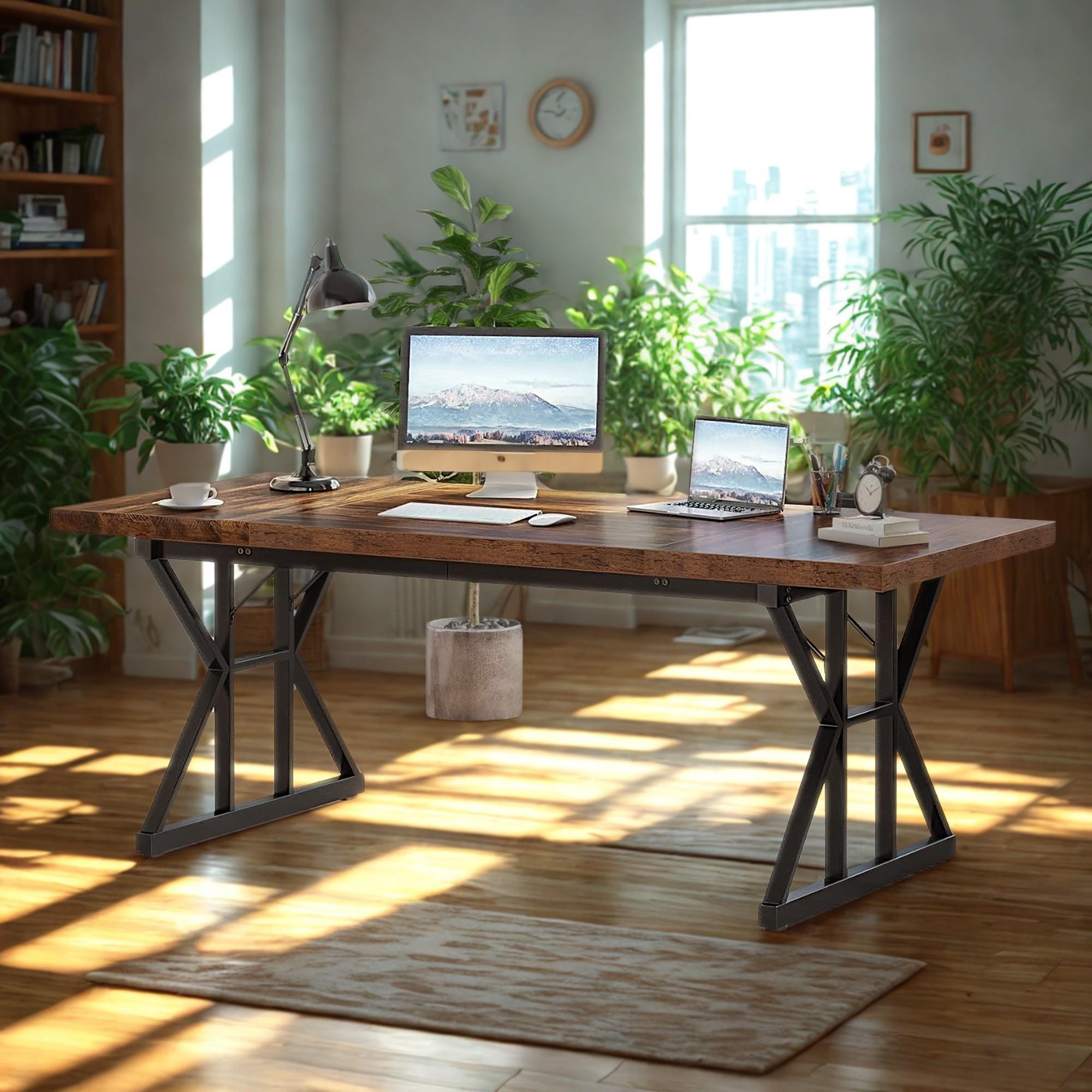 Large Brown Executive Desk - Modern Computer Table with Metal Legs