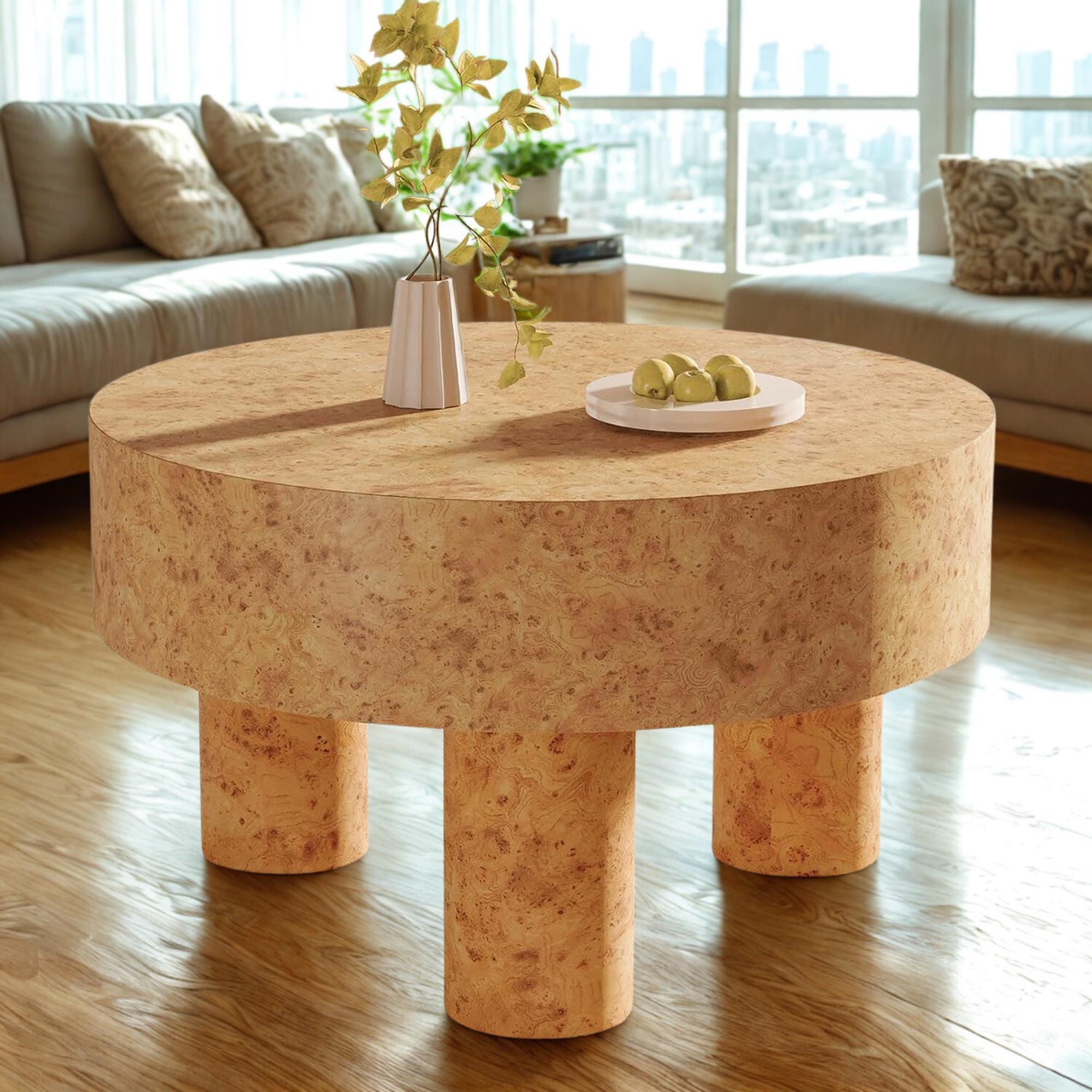Round Burl Wood Coffee Table: Modern Accent Table for Small Spaces