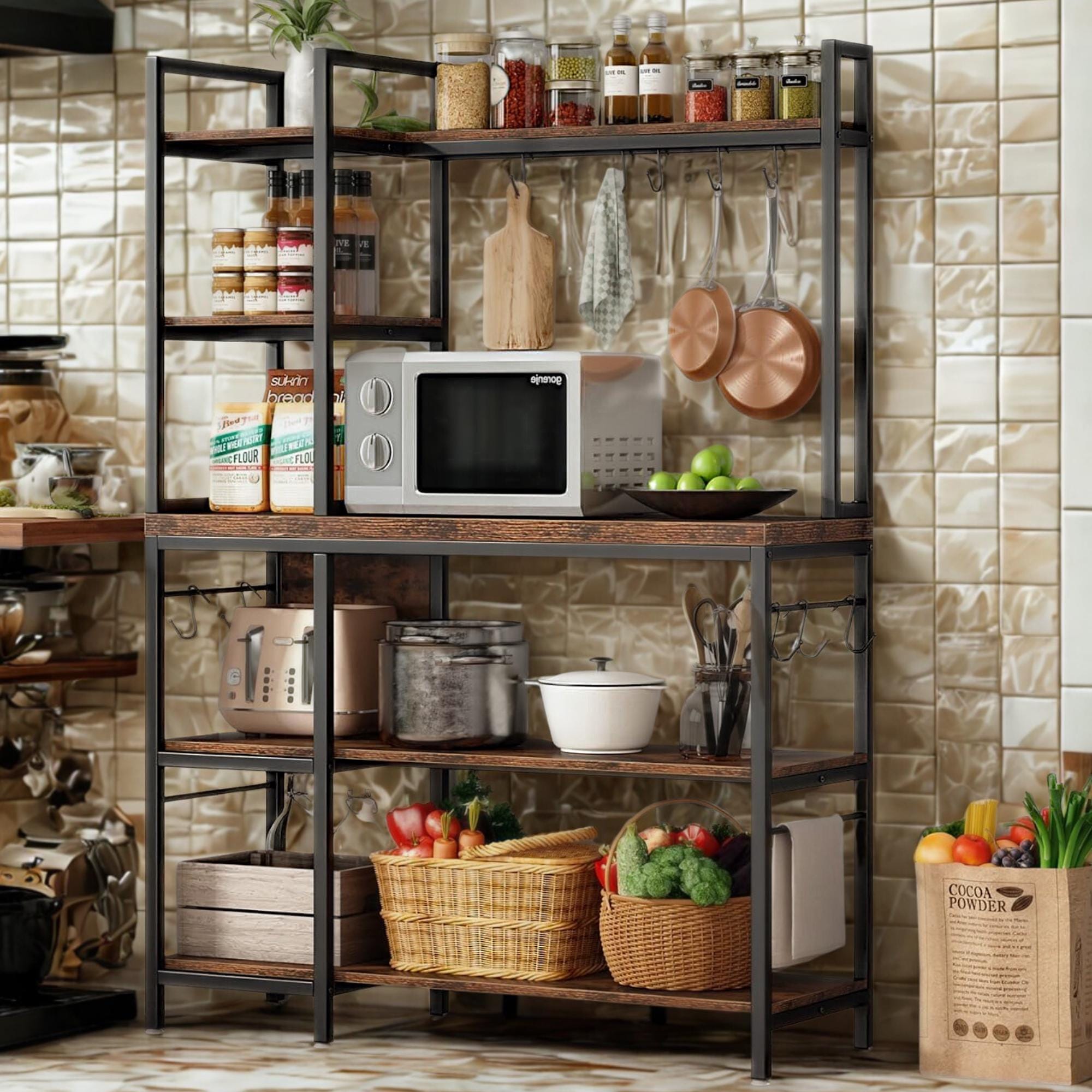 Rustic Bakers Rack with Storage: 5-Tier Kitchen Utility Shelf & 10 Hooks