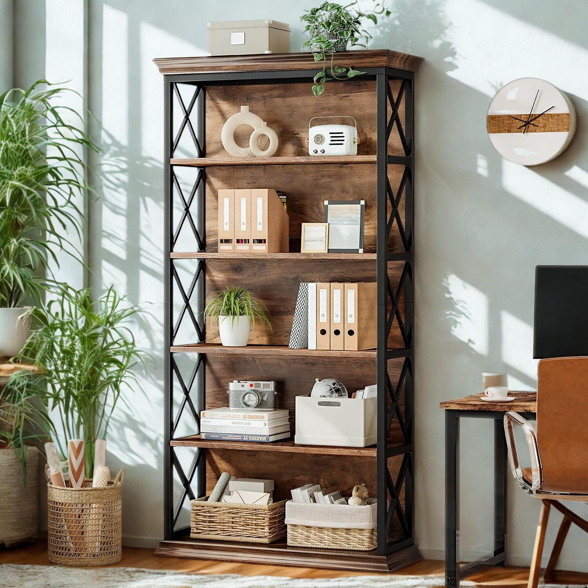 Tall Industrial Bookcase: 6-Tier Display Shelf, Modern Rustic Decor