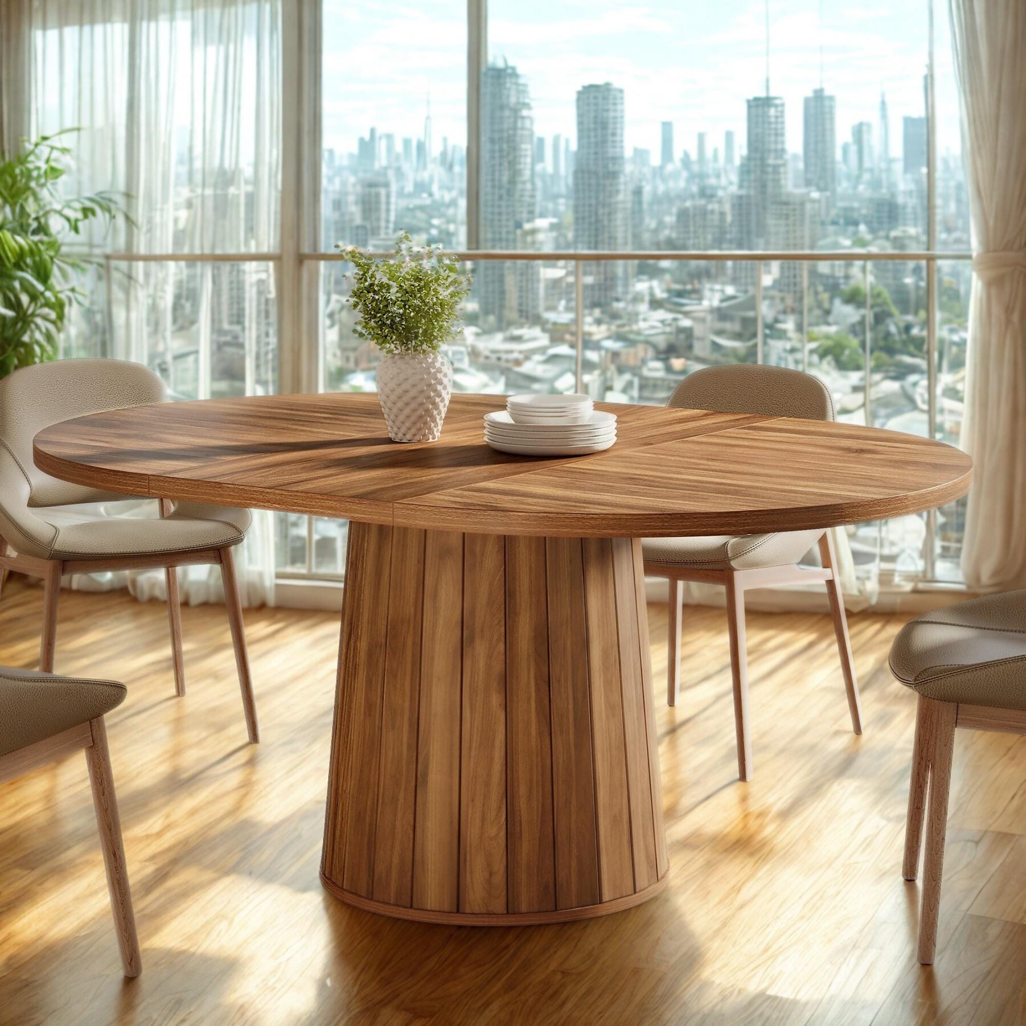 Rustic Oval Farmhouse Dining Table: Wooden Pedestal Base, 6 Seater