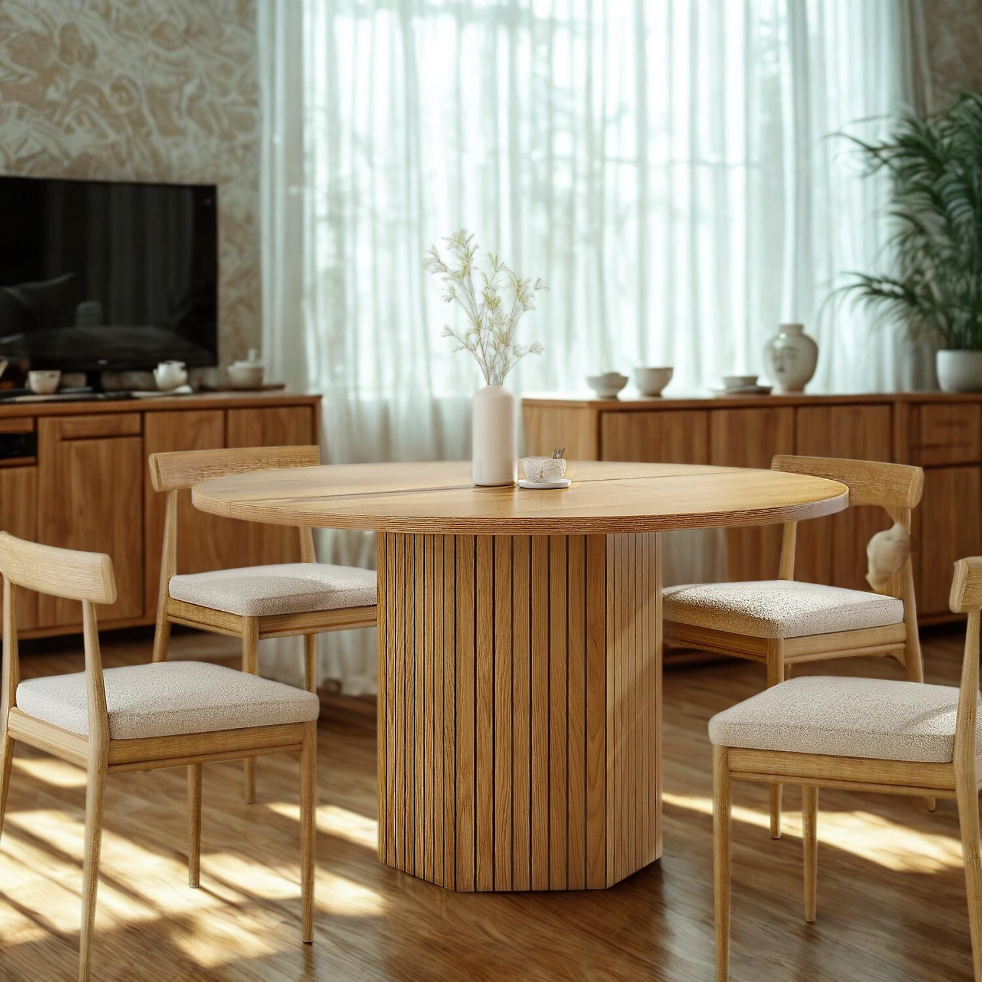 Round Wood Dining Table: Modern Farmhouse Kitchen Centerpiece