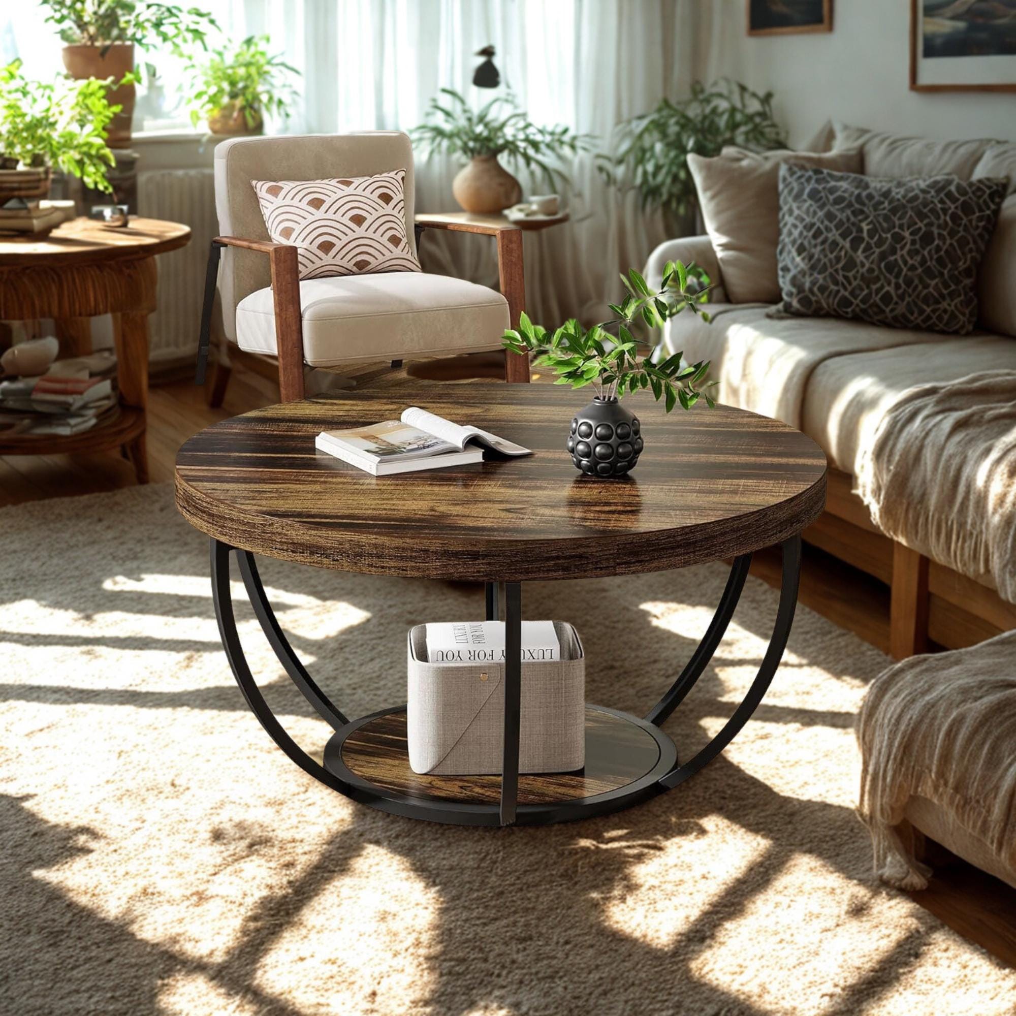 Round Coffee Table with Storage Shelf: Modern Wood & Metal Accent