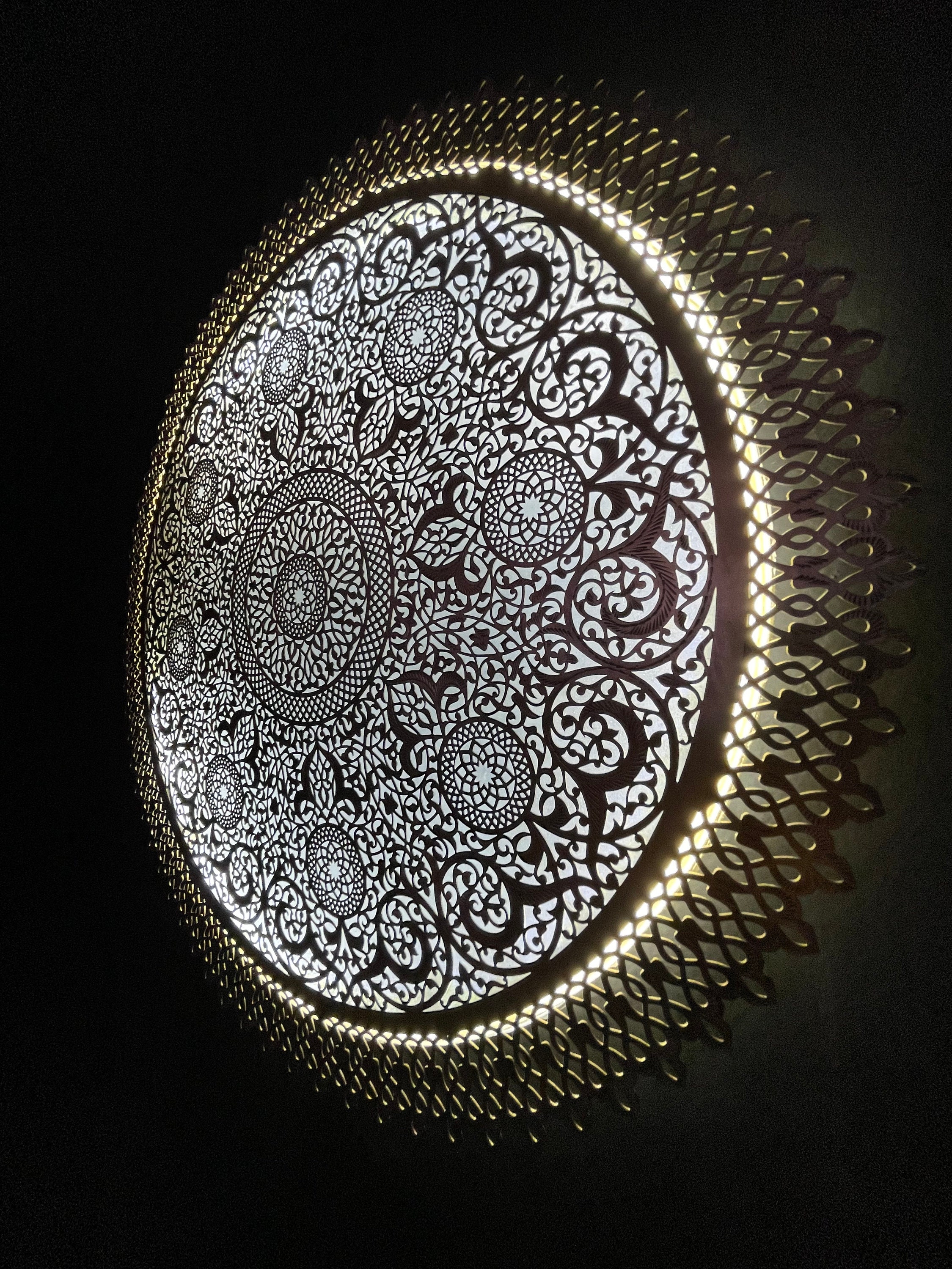 Unique Moroccan Brass Wall Light, Circle-Shaped Lamp in Bronze, Silver, Various Sizes & Colors