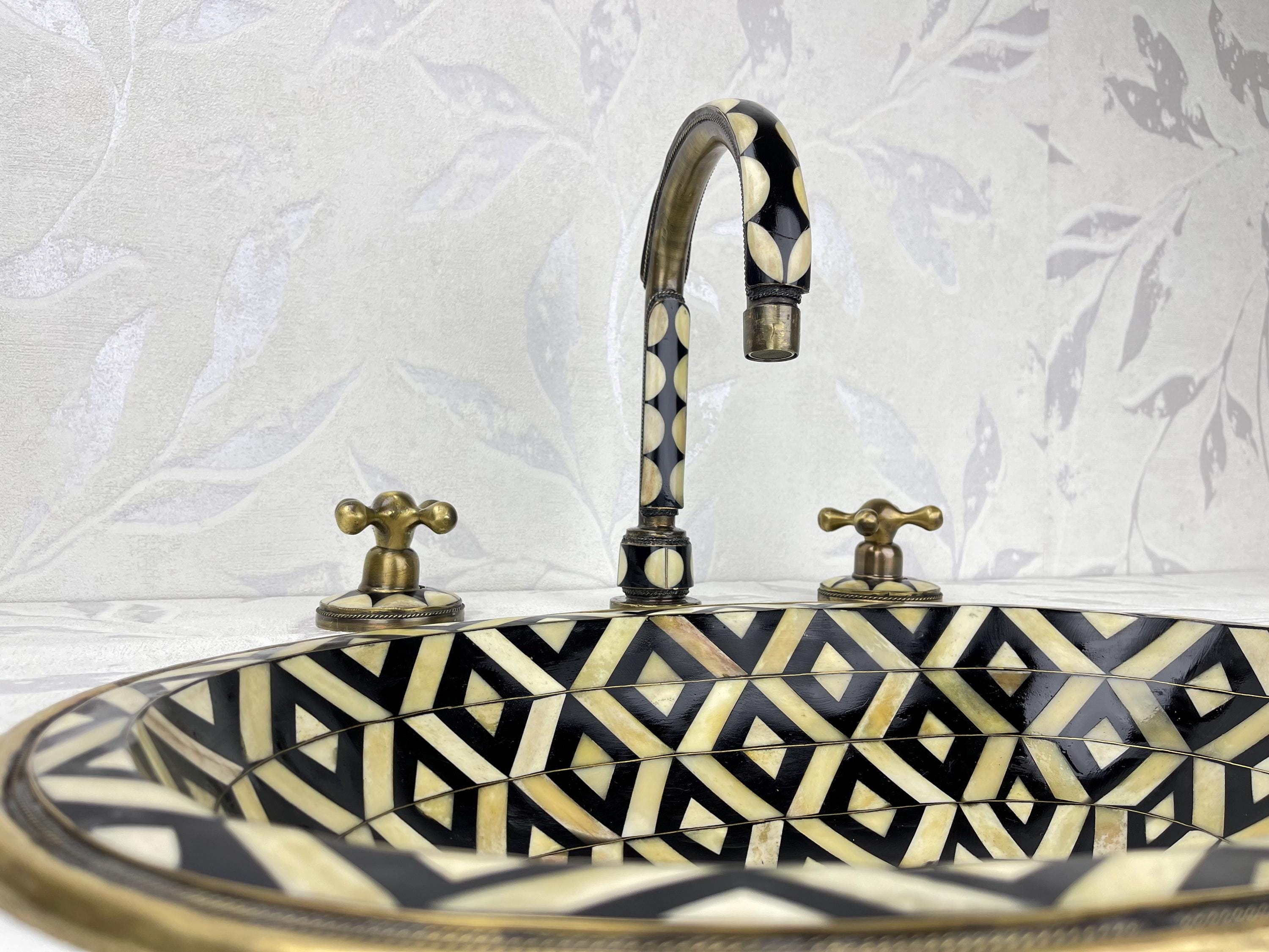 Unlacquered Brass Faucet and sink Studded With Resin and Bone , Brass Drop-in Sink Brass bronze Bathroom Faucet, free pop up included.