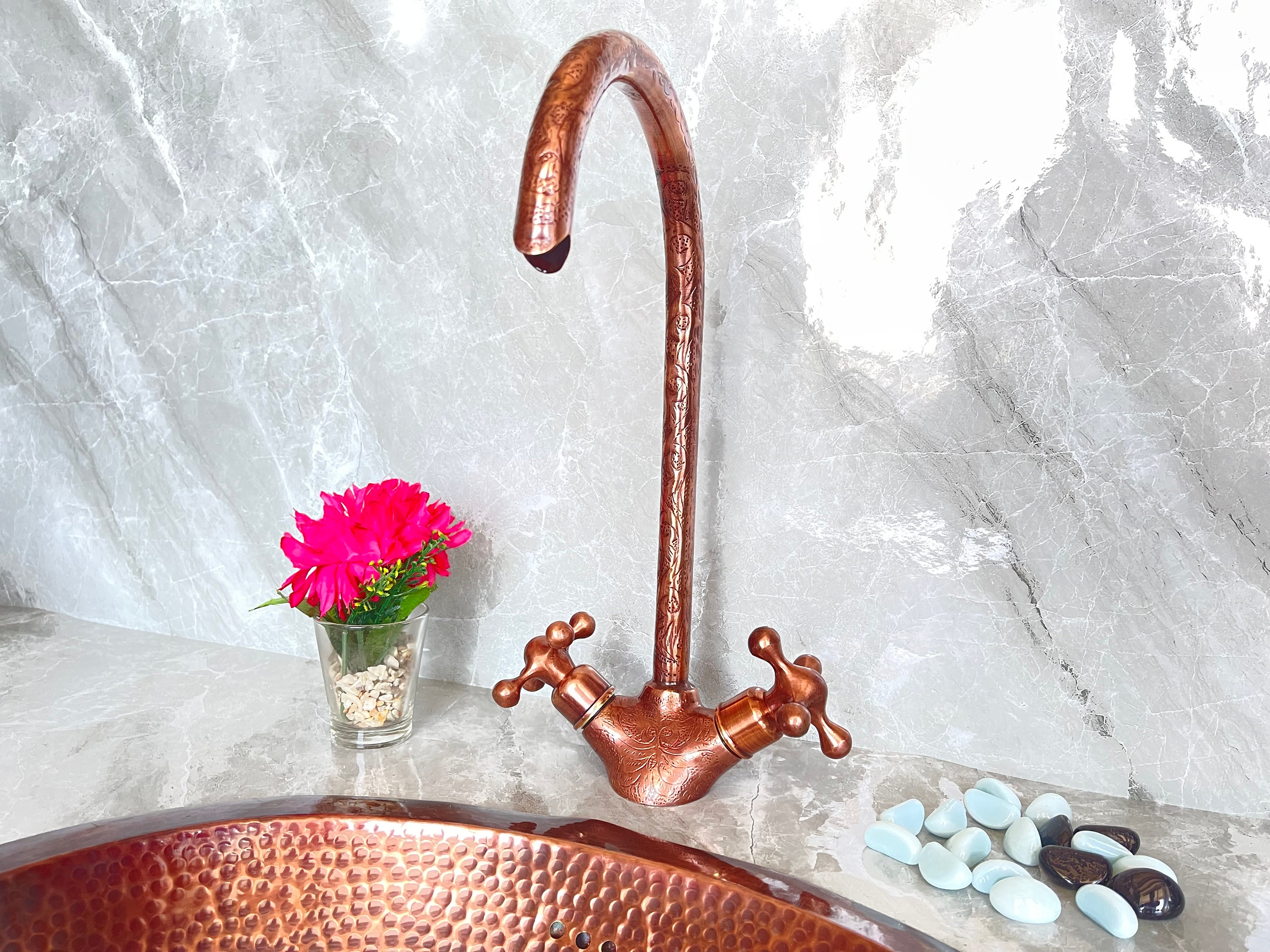 Engraved Copper Faucet Kitchen Bathroom Cross Handle Single Hole Moroccan Handmade Tap