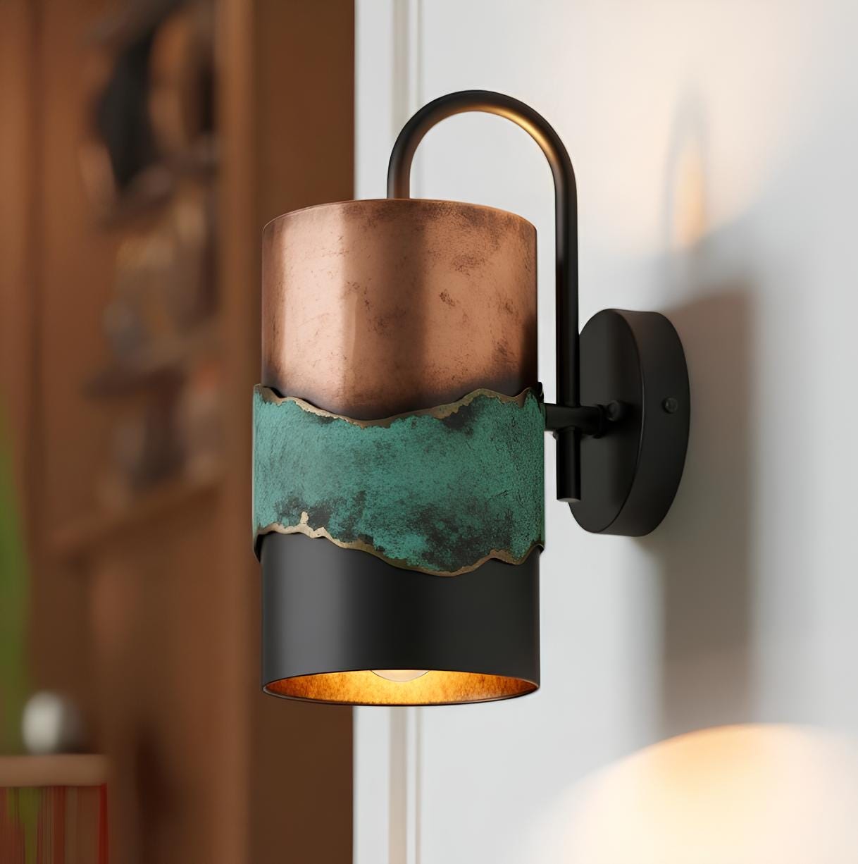 Handmade Copper Wall Sconce - Green Patina Outdoor Indoor Light Fixture - Rustic Modern Architectural Lighting