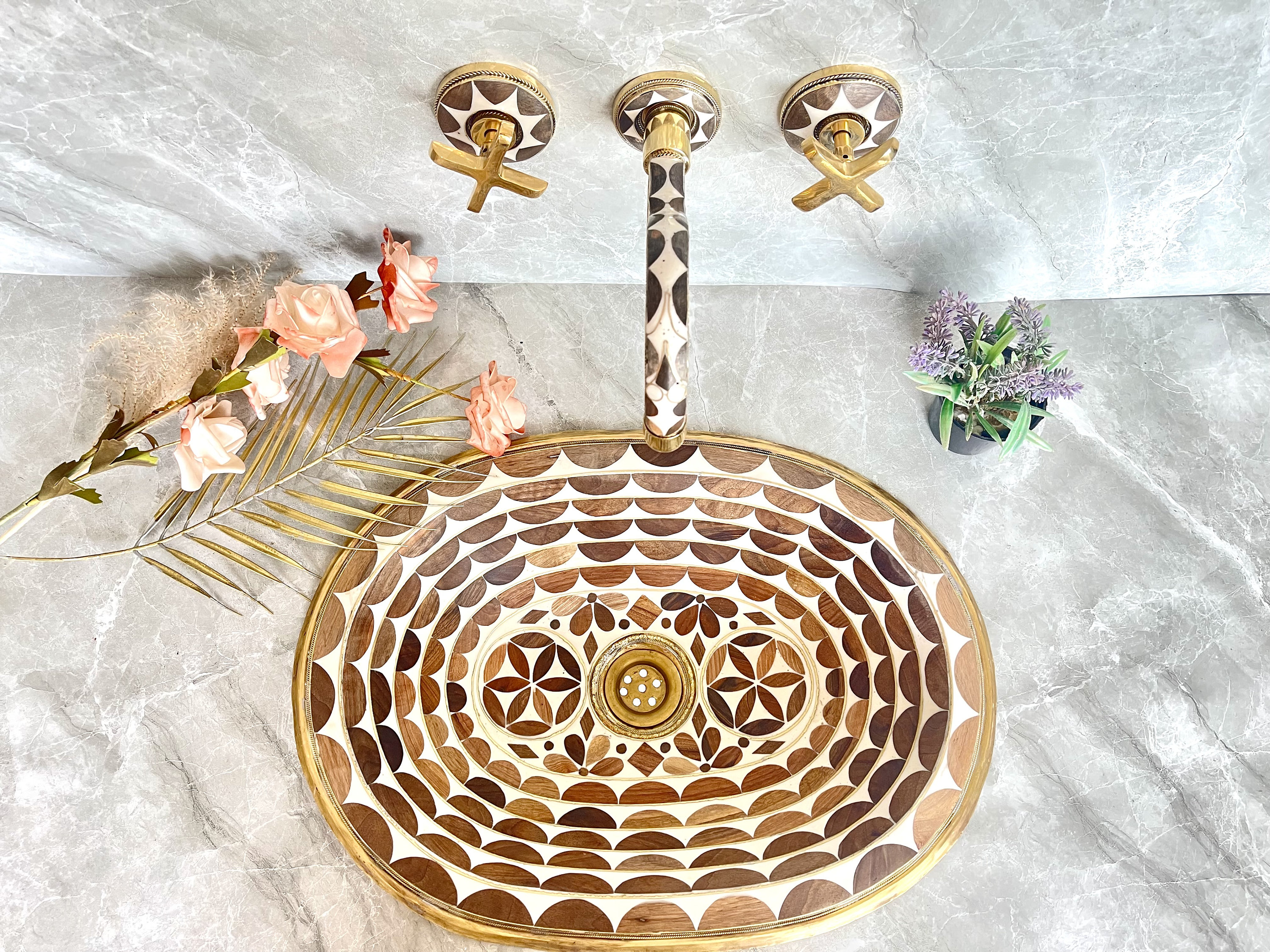 Handcrafted Wall Mounted Resin & Brass Faucet, Bathroom Gooseneck Wall Faucet With Traditional Handles