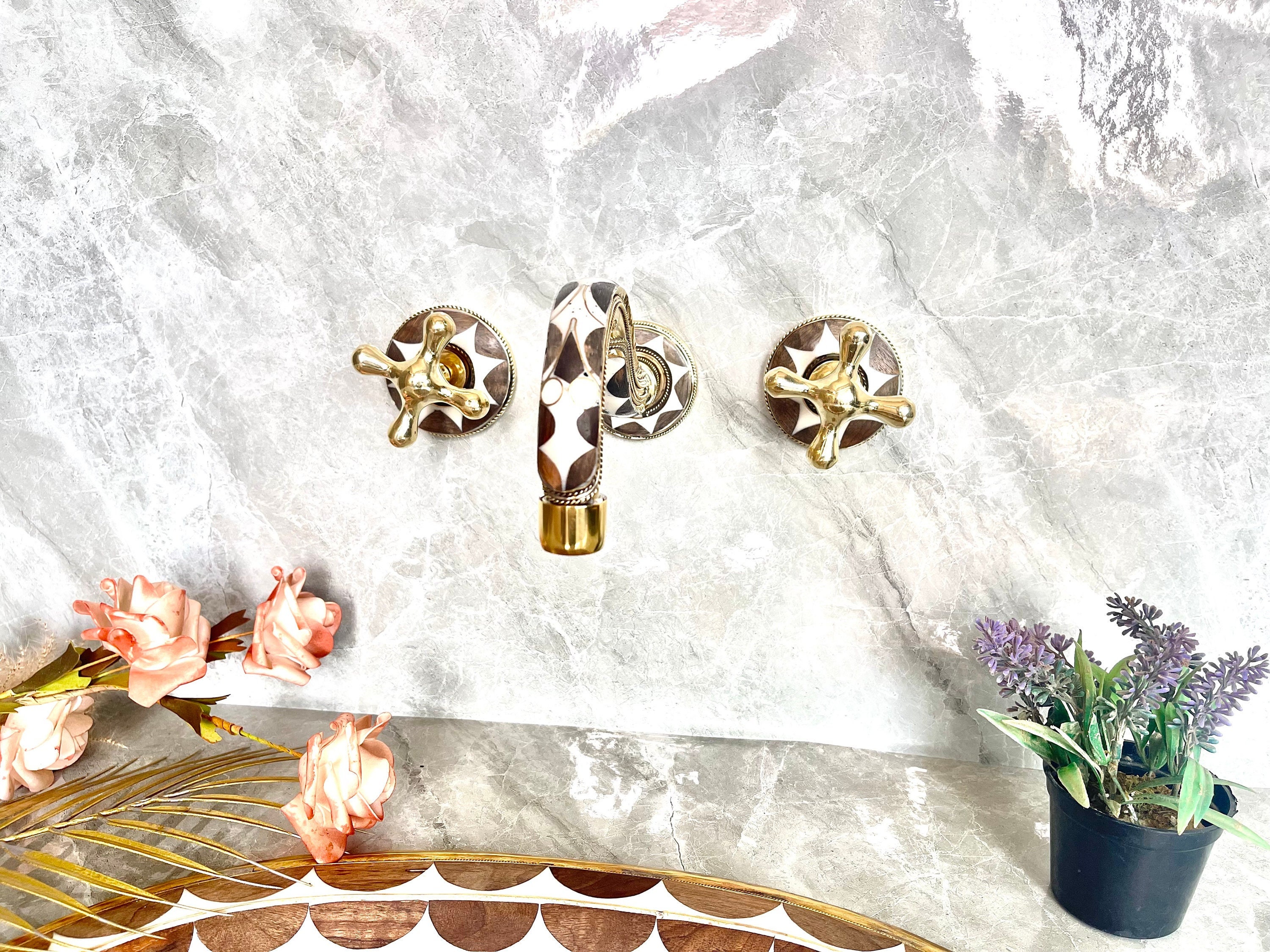 Handcrafted Wall Mounted Resin & Brass Bathroom Faucet | Gooseneck Spout | Traditional Handles | Moroccan Artisan-Made