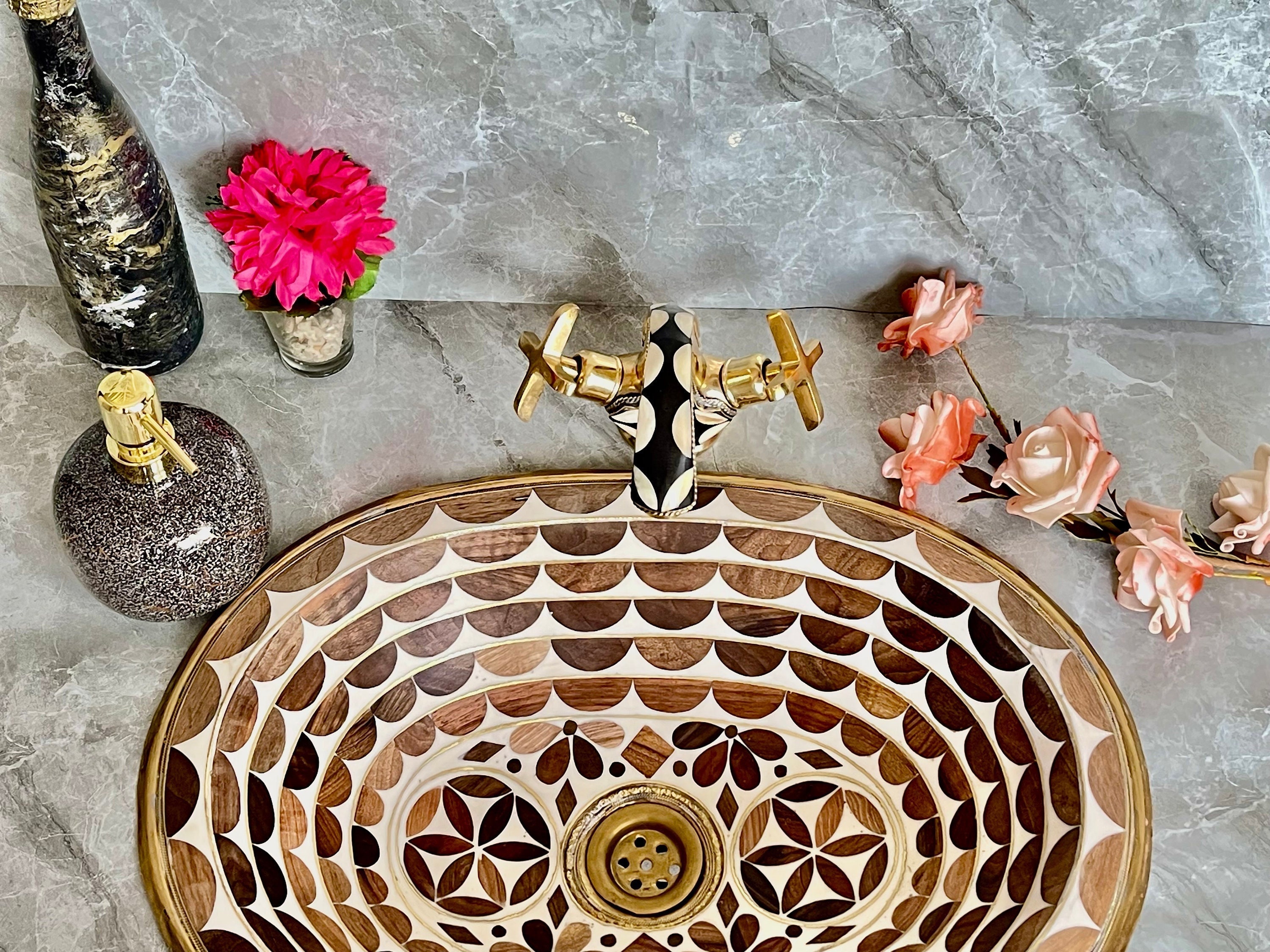 Oval Bathroom Drop in Sink Handcrafted Brass and Wood Farmhouse Bathroom Sink Drop in Brass Powder Room Sink