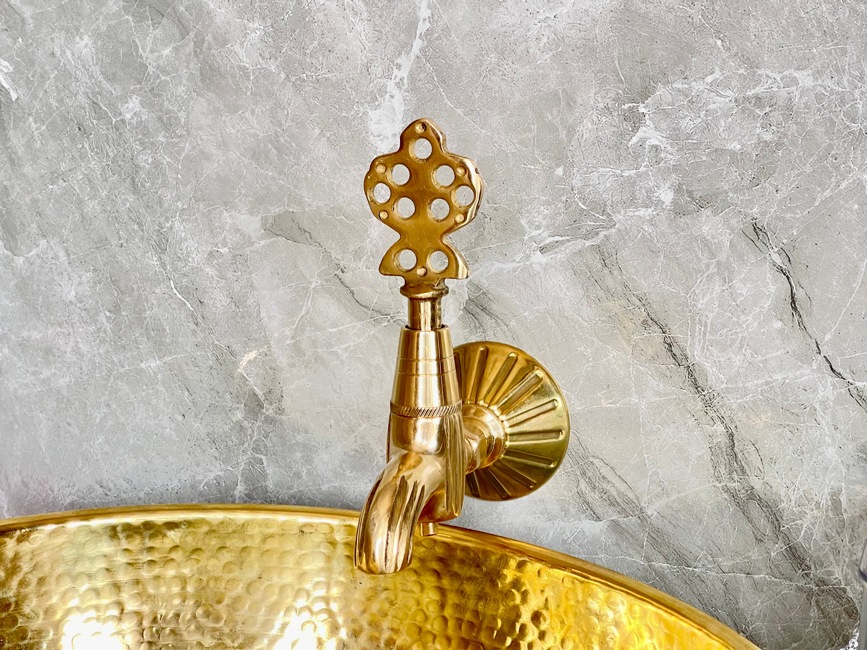 Solid Brass Powder Room Faucet - Antique Bathroom Sink Faucet with Vintage Key Handle