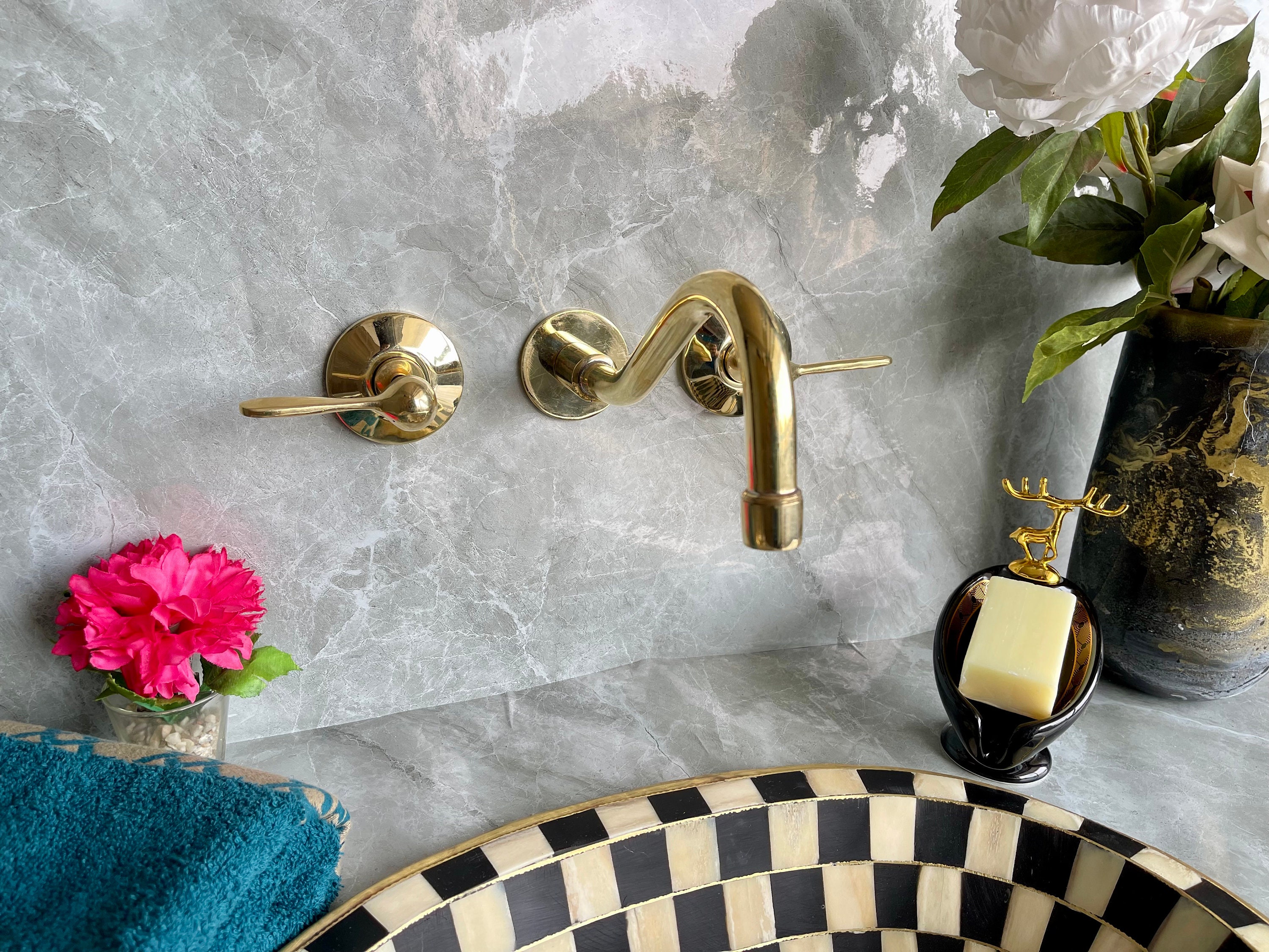 Unlacquered Brass Wall Mounted Faucet, With Cross Handles ,Handcrafted Brass Bathroom Faucet.
