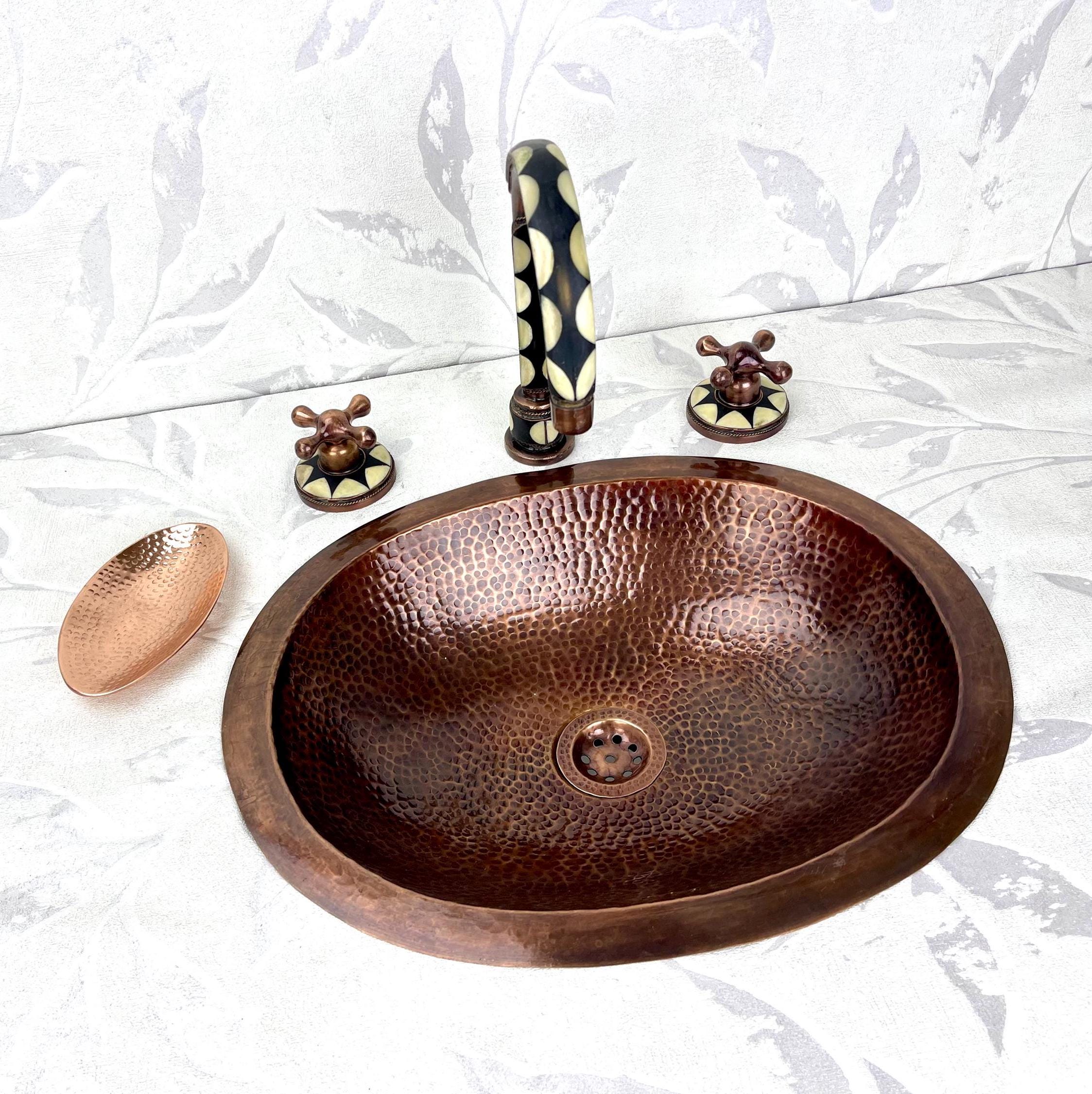 Hammered Copper Vessel Sink Set, Aged Bathroom Drop-in Sink, Widespread Faucet with Black Resin Inlay, Antique Finish + Free soap holder