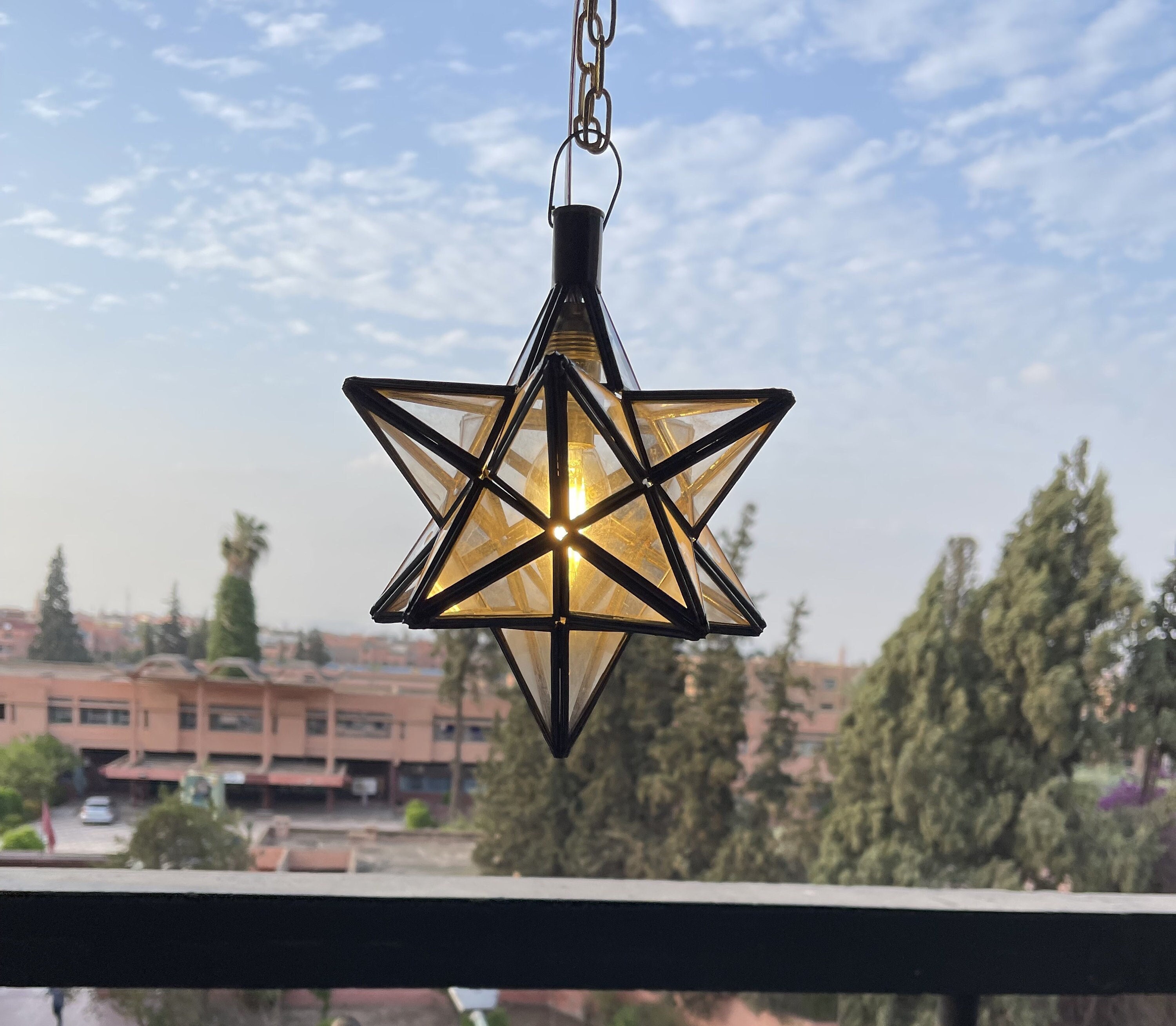 Handmade vintage look Moroccan Pendant Star Light - Clear Glass and Brass Filigrain Suspension Light