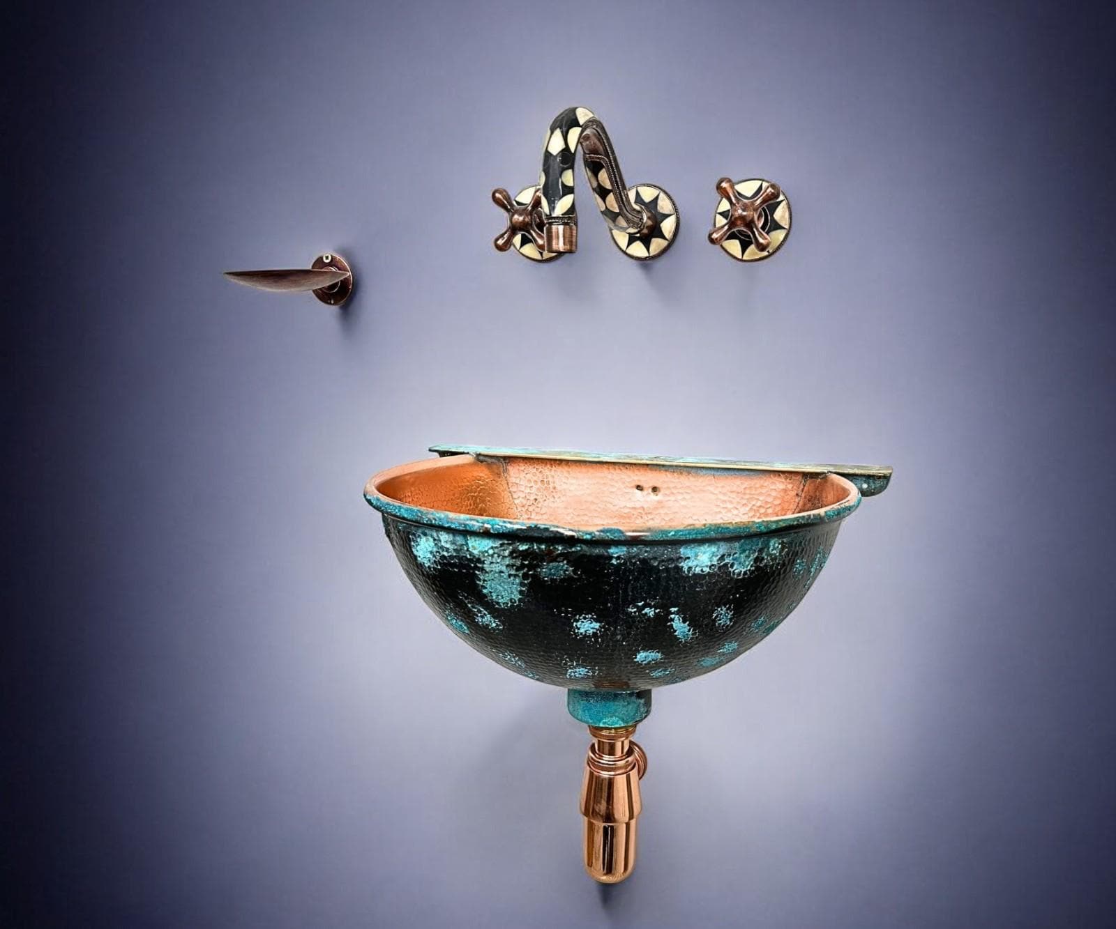 oxidized copper wall mounted bathroom sink - blue patina copper basin with wall mounted faucet for stylish interiors - Floating Wash Basin