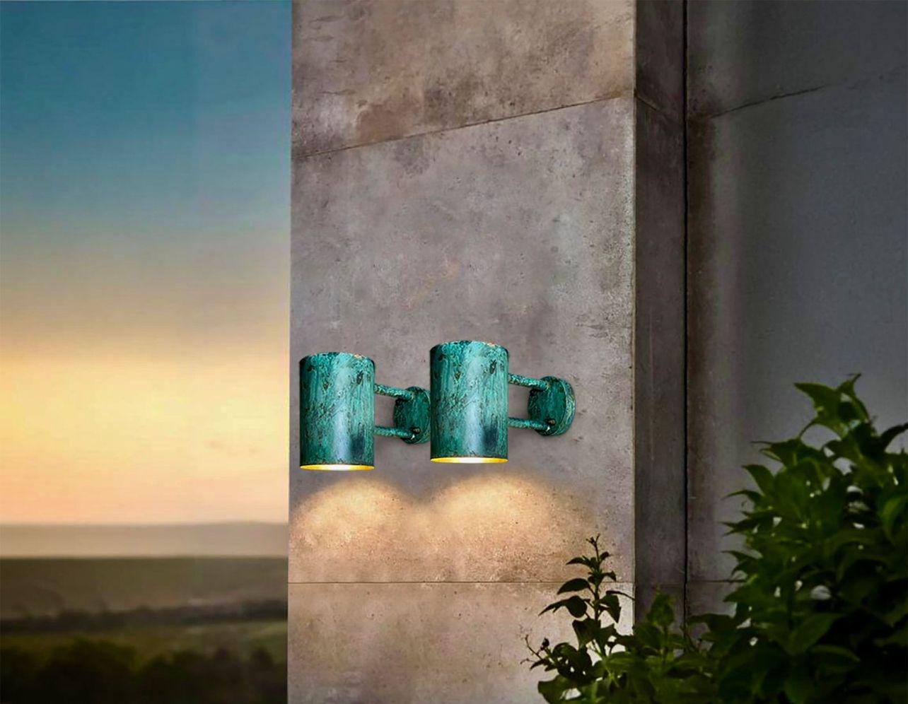 Set of 2 oxidized copper lights , Handmade Copper Patina Cylinder Light Outdoor copper sconce lights Green Wall Lamp Rustic Outdoor Lighting