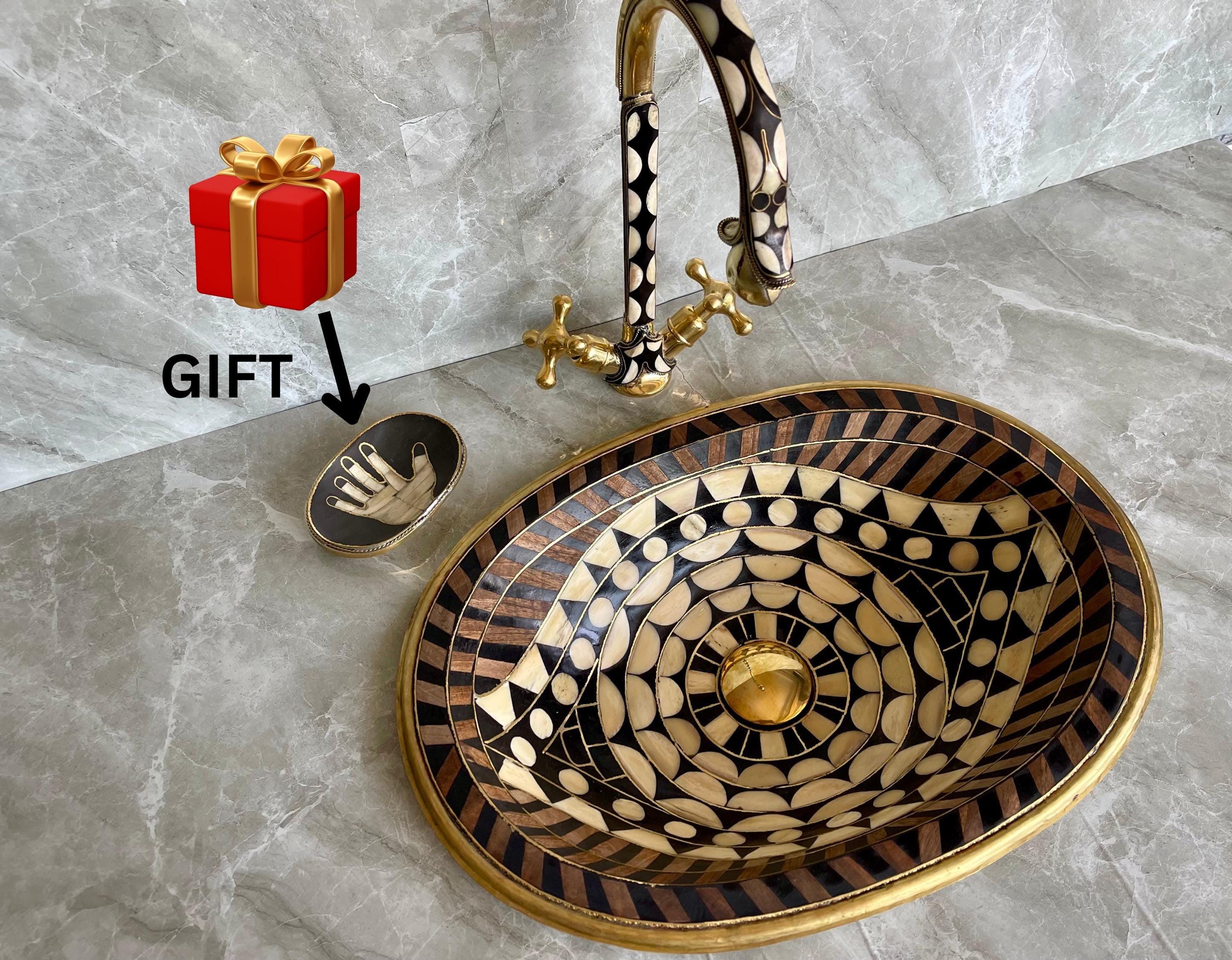 Unlacquered Brass Faucet and sink Studded With Resin and wood ,Eye Shape Brass Drop-in Sink Brass Bathroom Faucet, free pop up included.