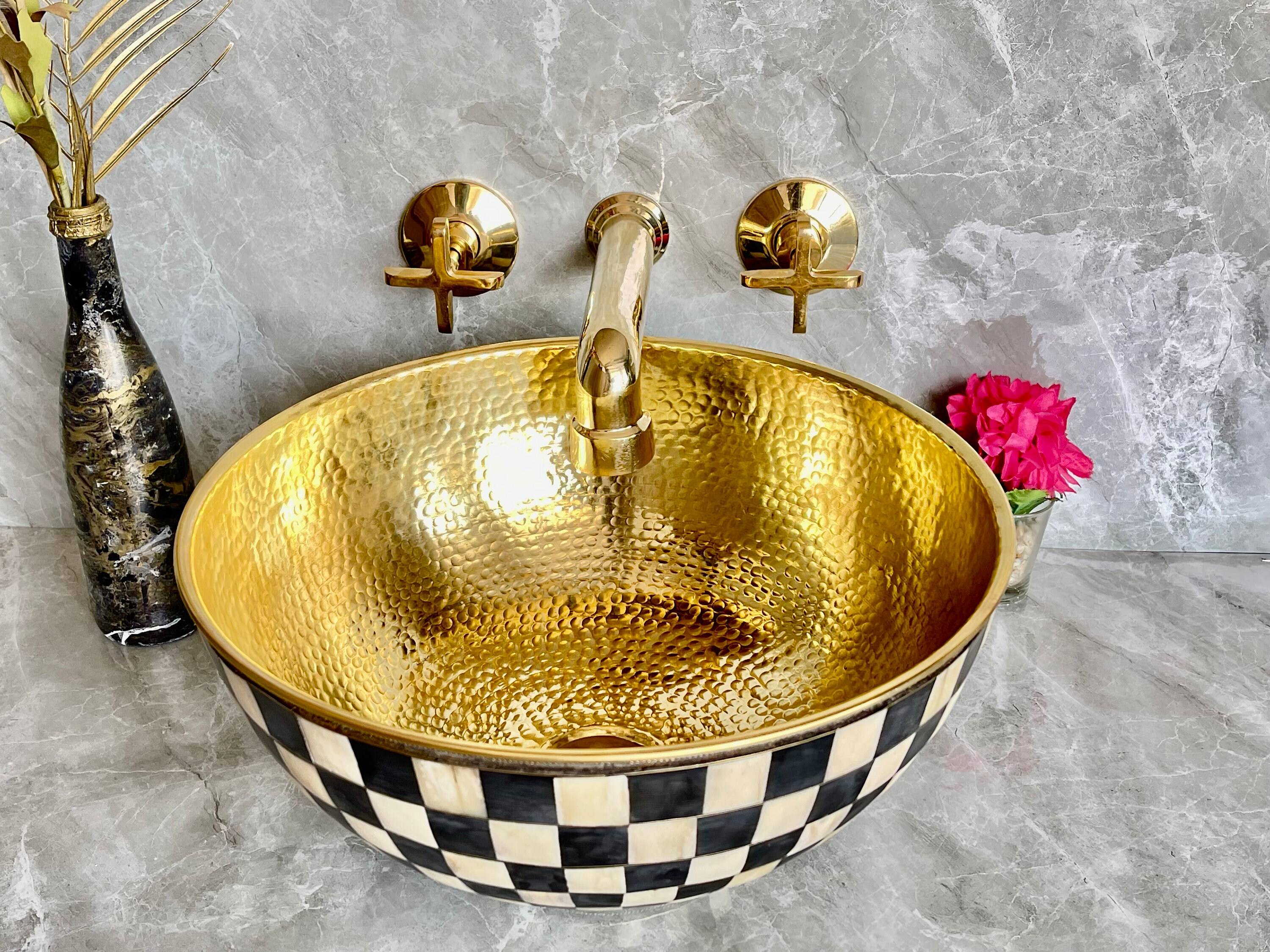 Unlacquered Brass Wall Mounted Bathroom Faucet - Handmade Smooth Wall Mount Faucet